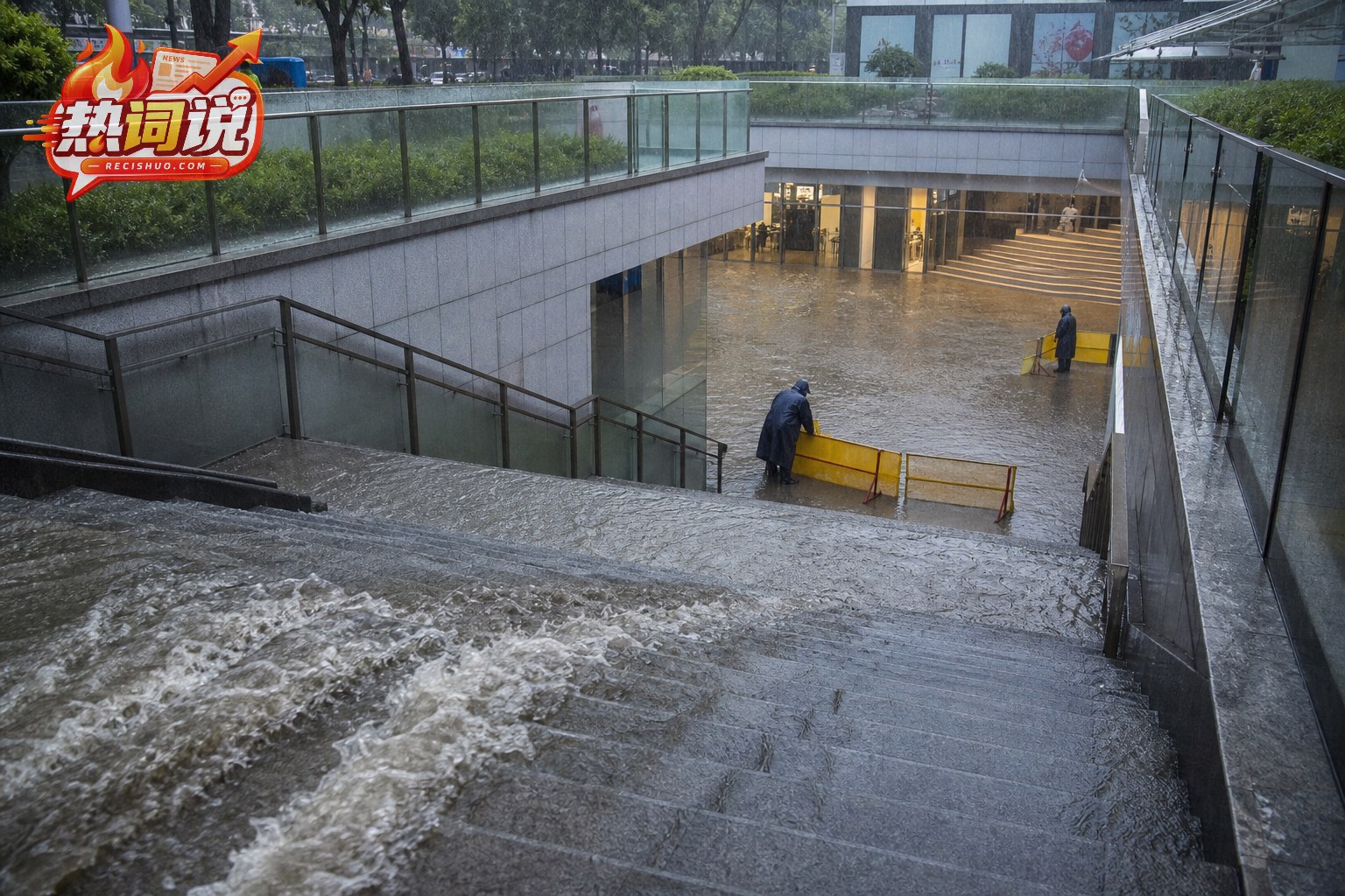 暴雨中雨水沿台阶涌入城市下沉式商业广场的场景示意图