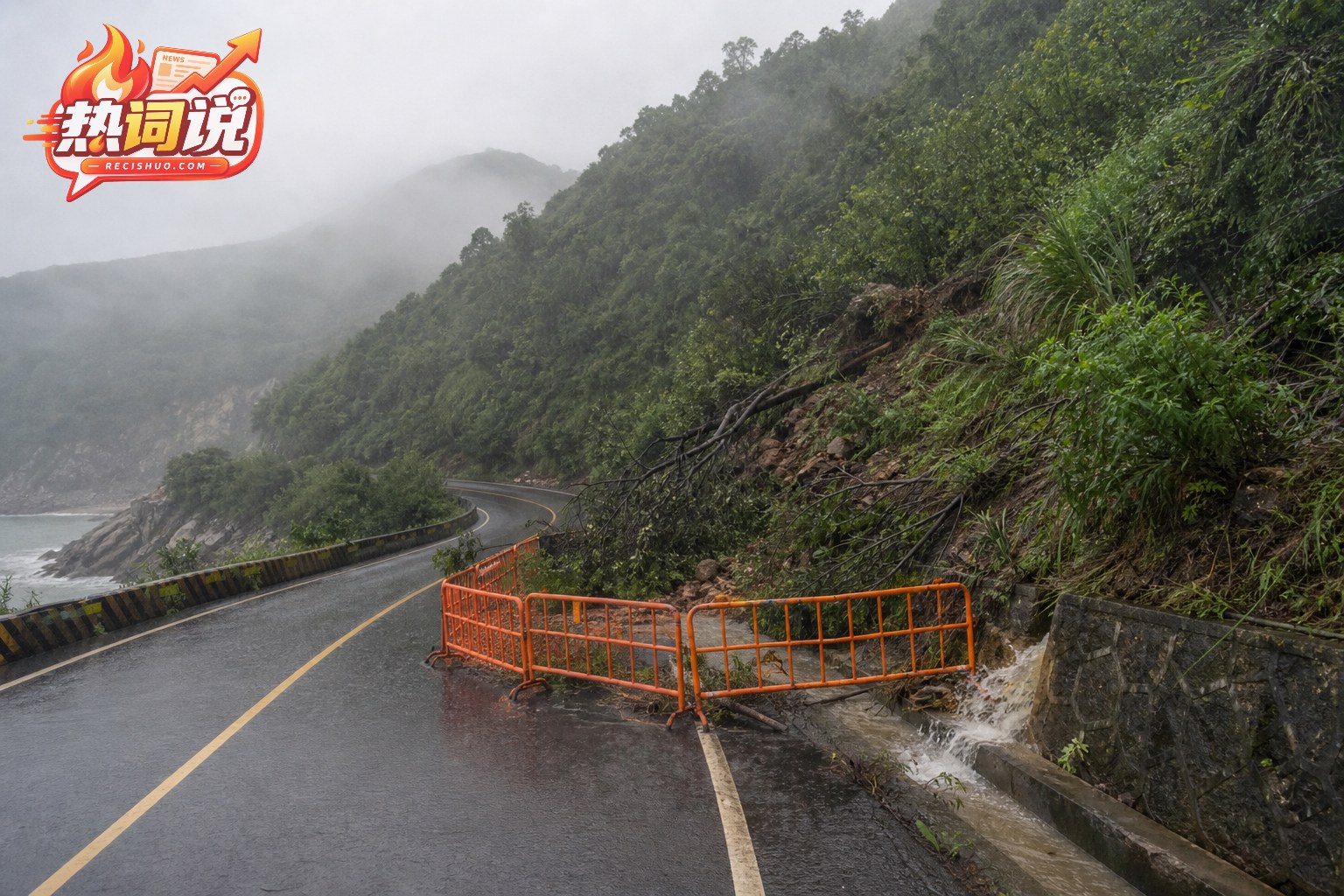 雨后山区道路旁出现松动土石和倒伏树枝并设置安全围挡