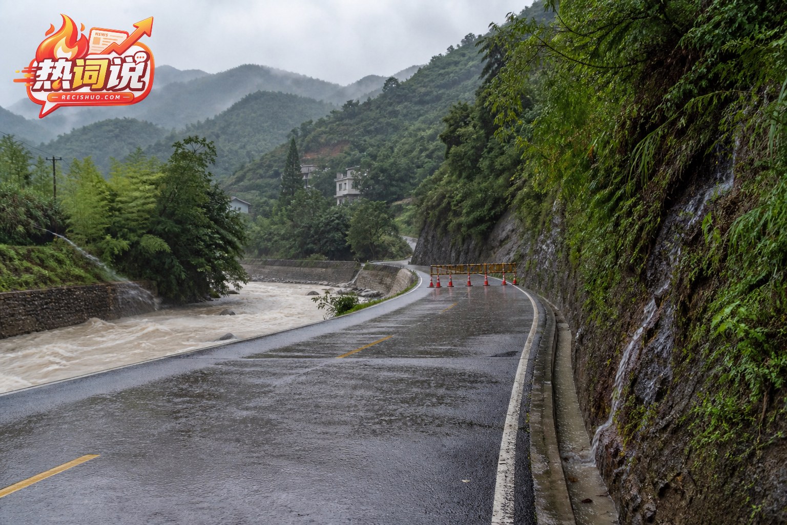 持续强降雨中设置临时路障的浙江山区道路