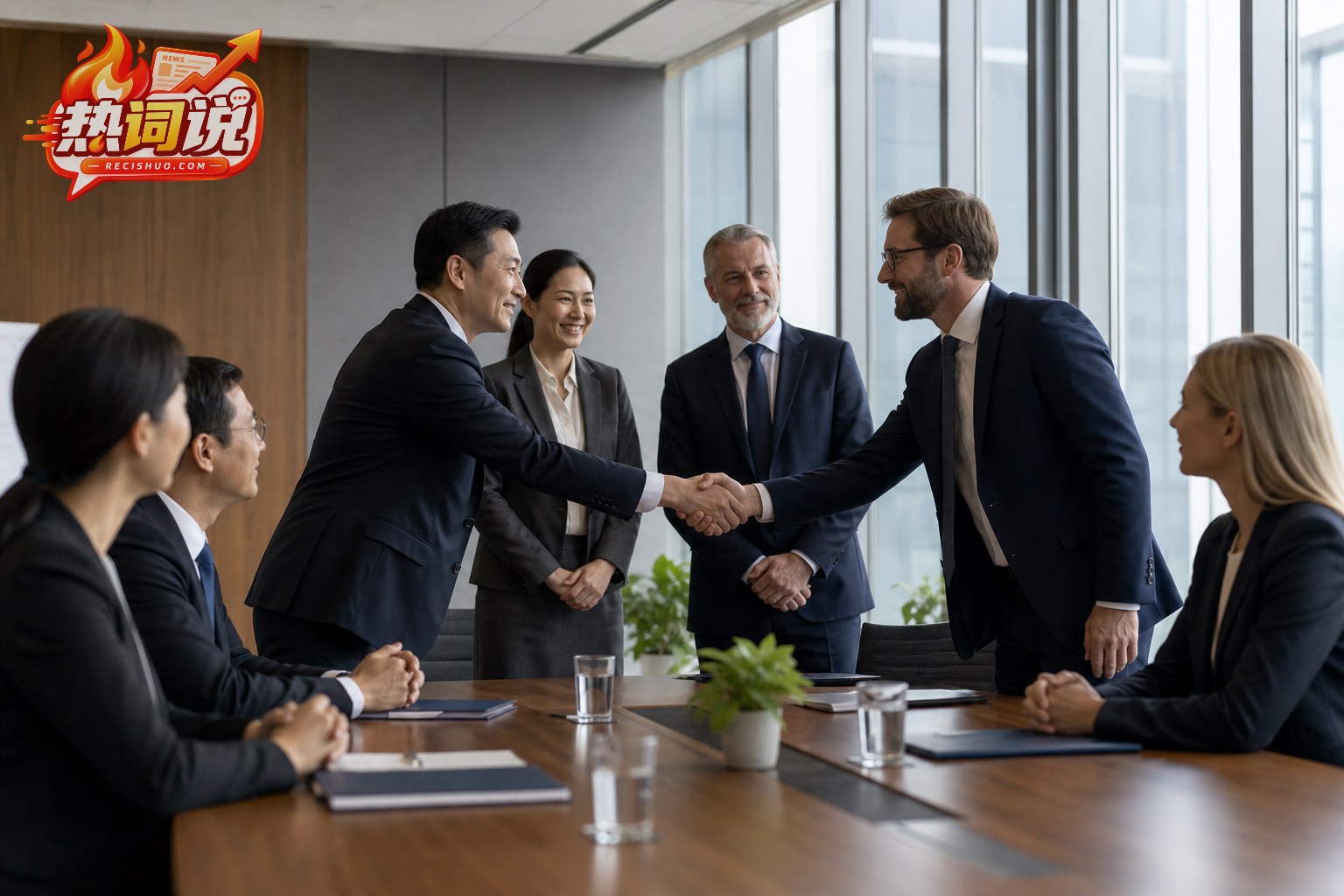 不同国家背景的专业人士在国际会议空间握手并确认合作