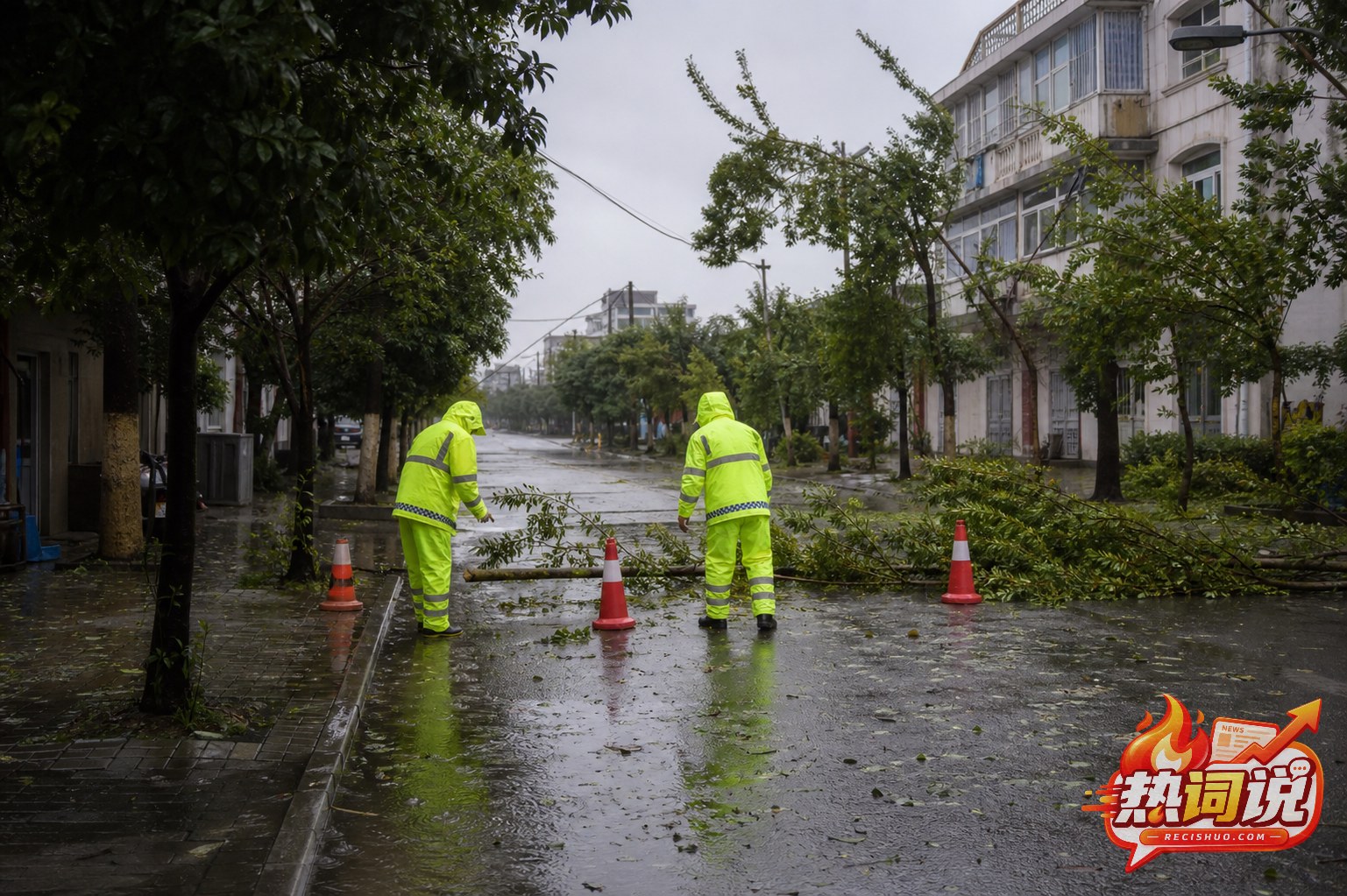 工作人员在雨后道路设置警示锥并检查倒伏树枝