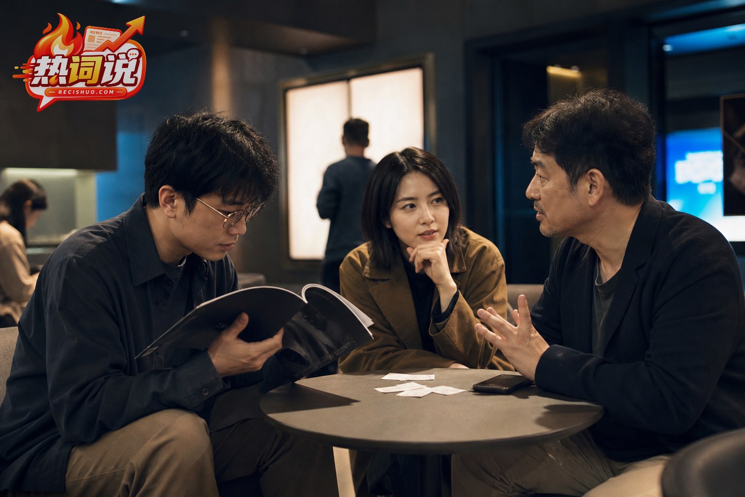 艺术影院休息区内,三位观众在放映结束后交流电影观感