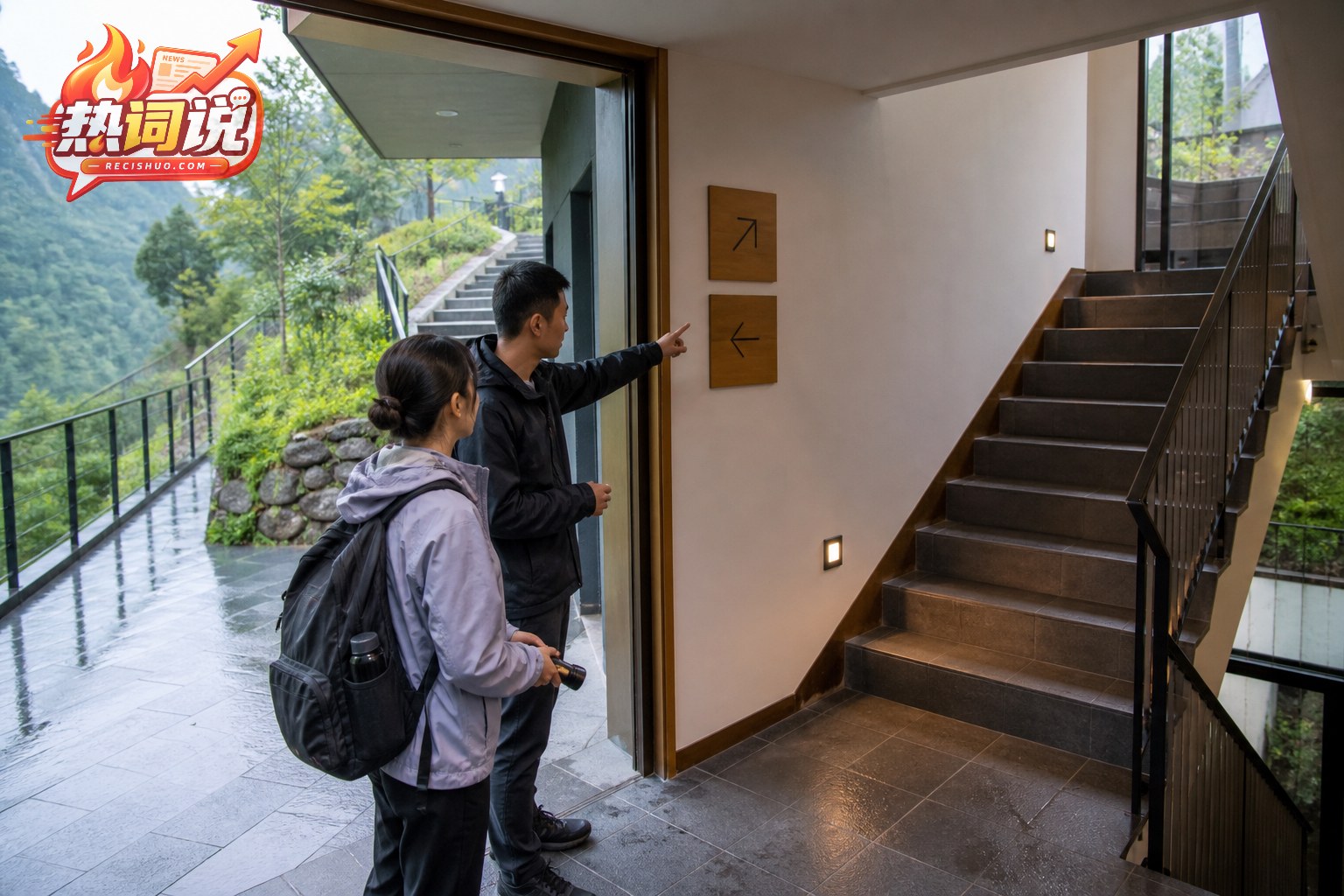 游客在山谷民宿工作人员陪同下确认楼梯和通往高处的路线
