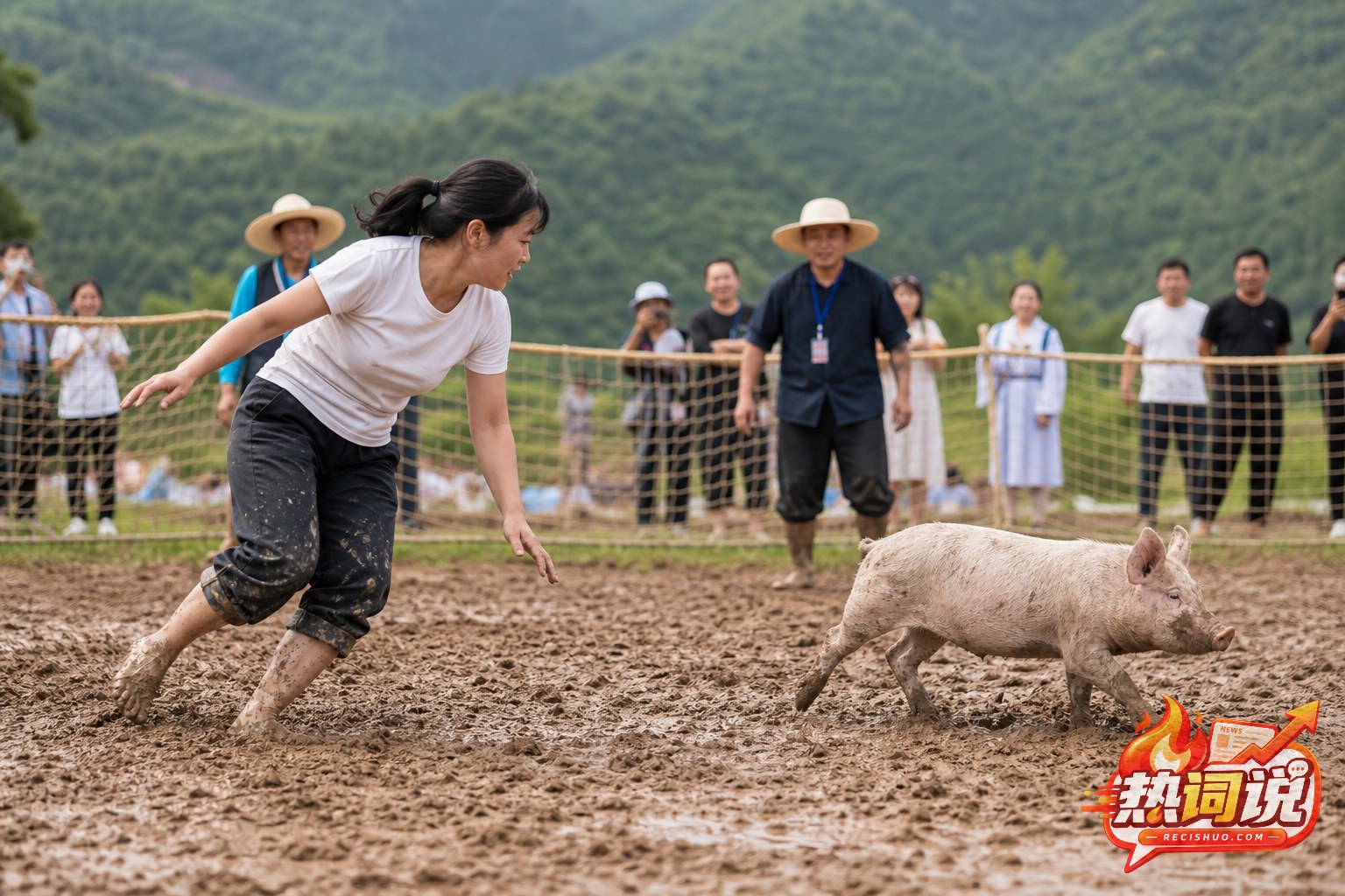 贵州乡村抓猪比赛中女选手在泥地里调整方向追赶小猪