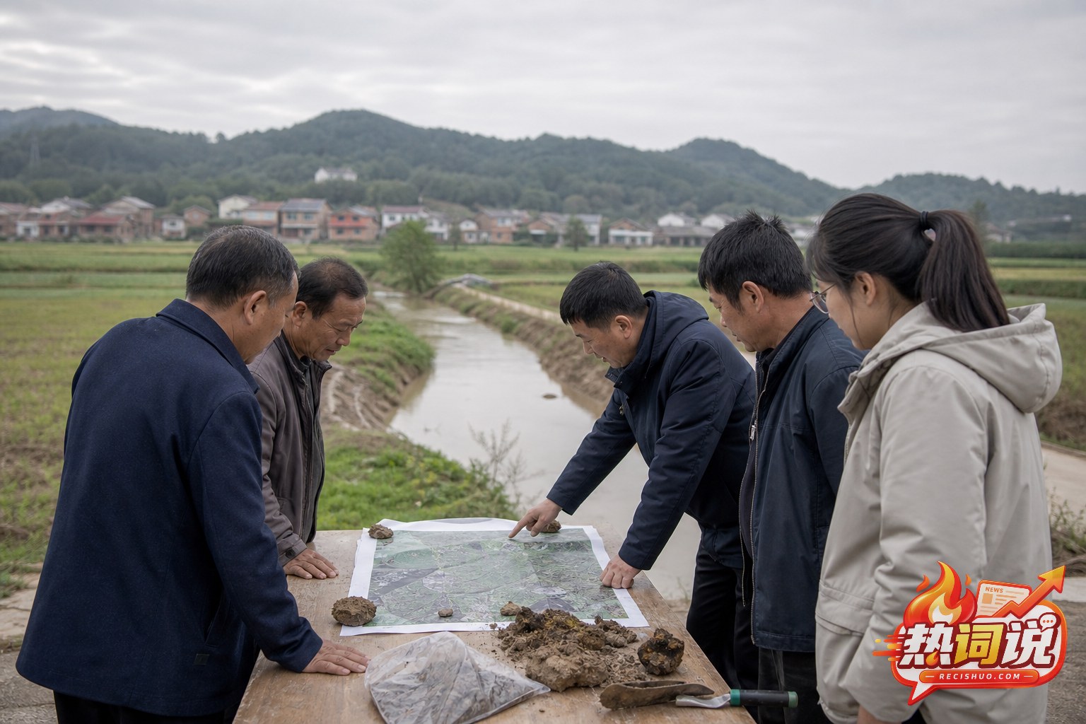 基层农业技术人员与村民在农田水渠旁结合地图和土壤条件开展调研