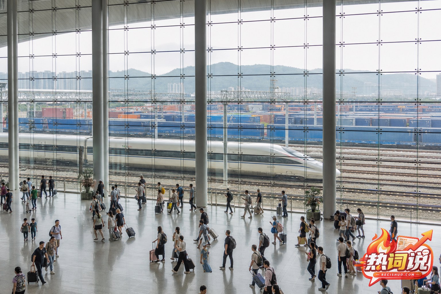 夏日城市中高铁、物流车辆、旅客与电力设施共同呈现经济运行场景