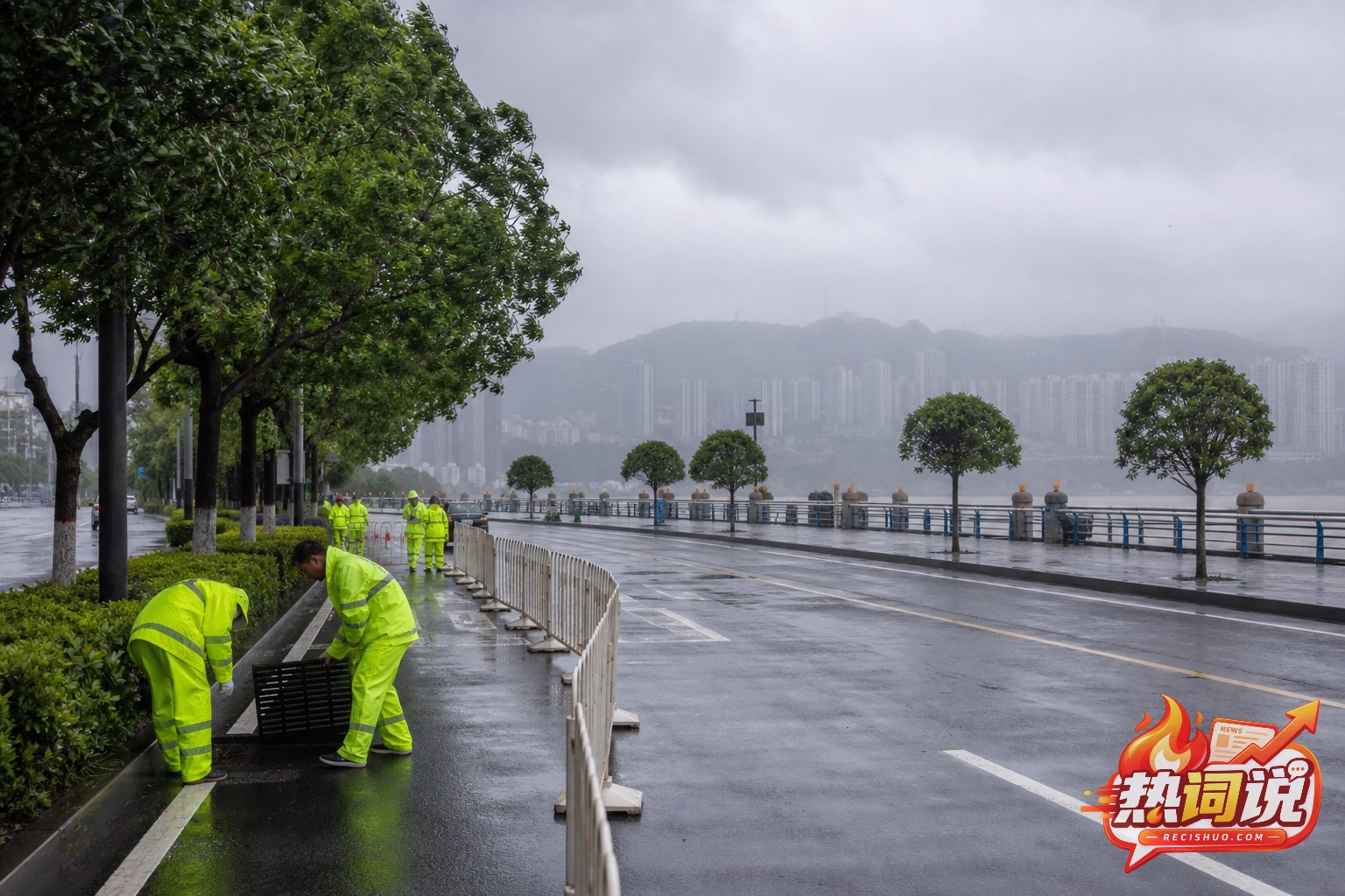 风雨来临前宜昌沿江道路上应急人员检查排水设施