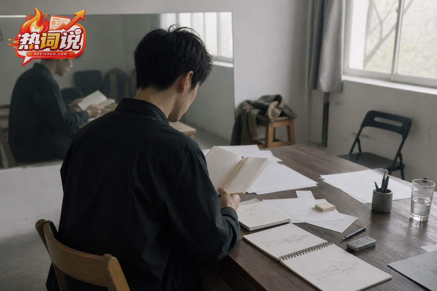 年轻演员在自然光排练室阅读剧本并进行角色观察的创作示意图