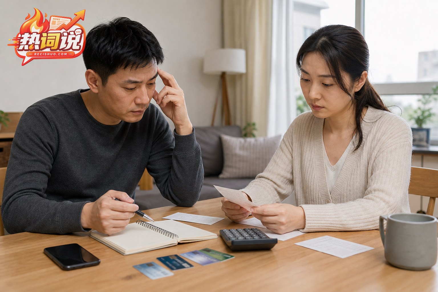 夫妻在家中餐桌前核对账单和家庭收支的纪实场景