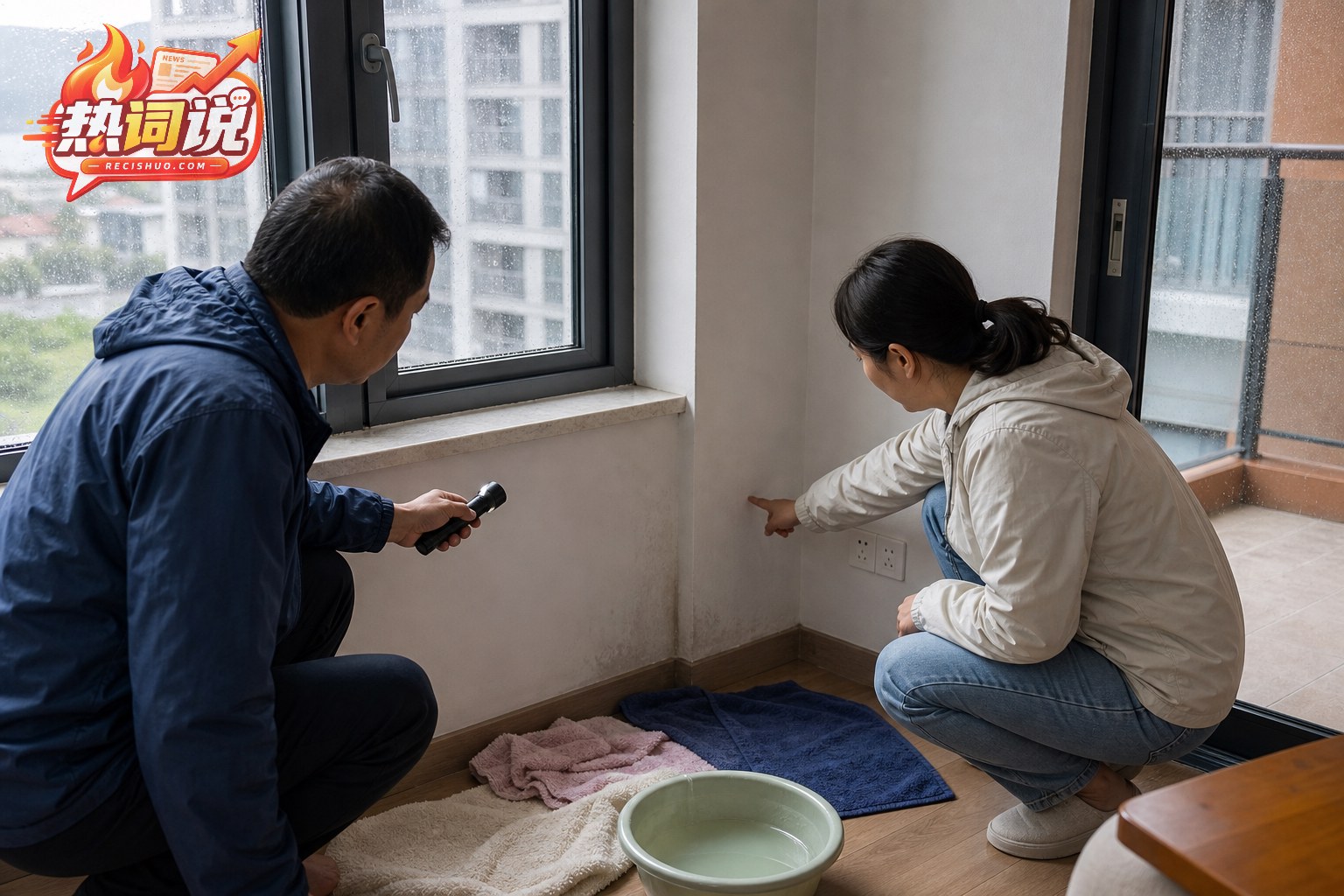 两名居民在台风过后检查窗框渗水和墙角受潮情况