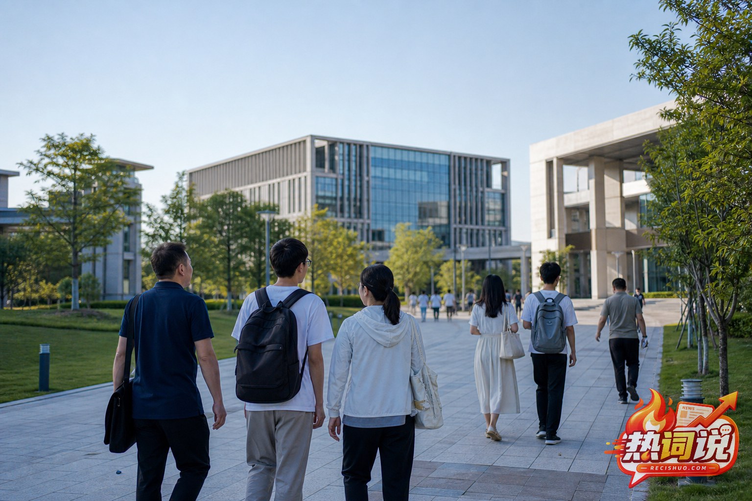 学生与家长在夏日清晨参观现代大学校园