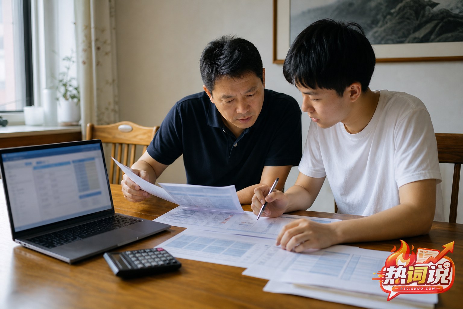 考生与家长在家中对照招生资料研究大学志愿
