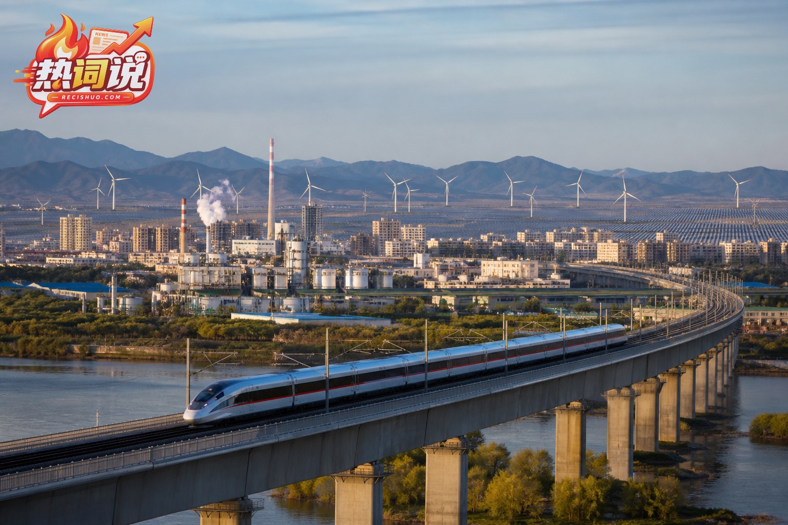 高速列车驶过高架桥,远处现代城市、工业设施、风电机组与光伏基地共同构成现代化建设图景