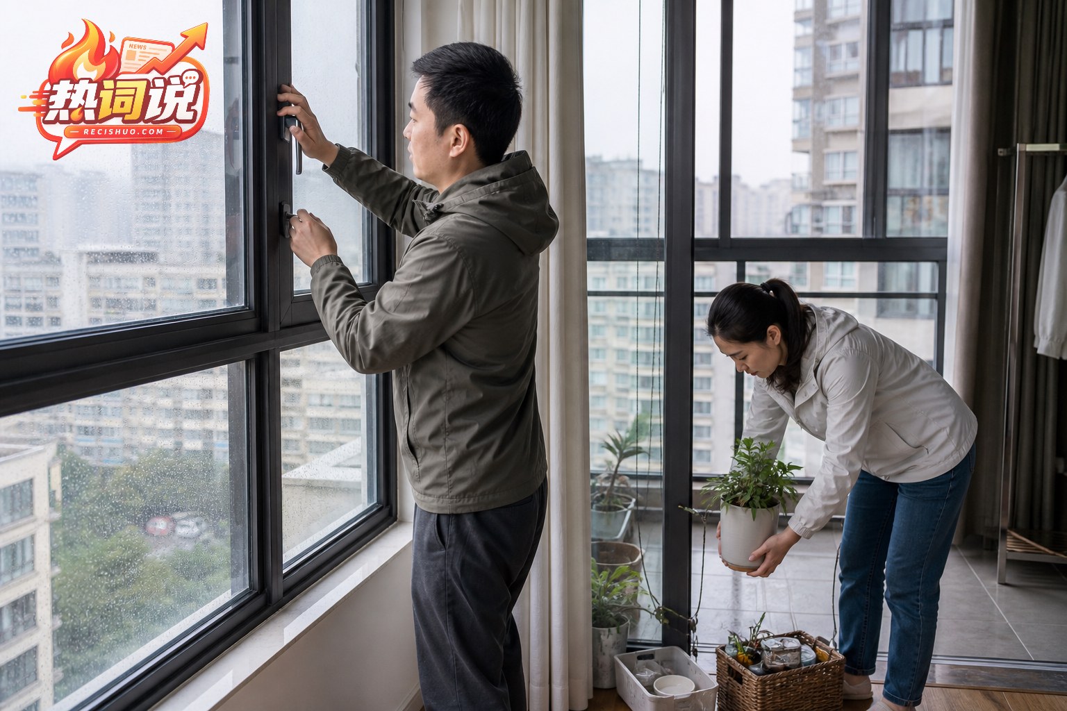 台风来临前居民在室内检查窗锁并收纳阳台花盆