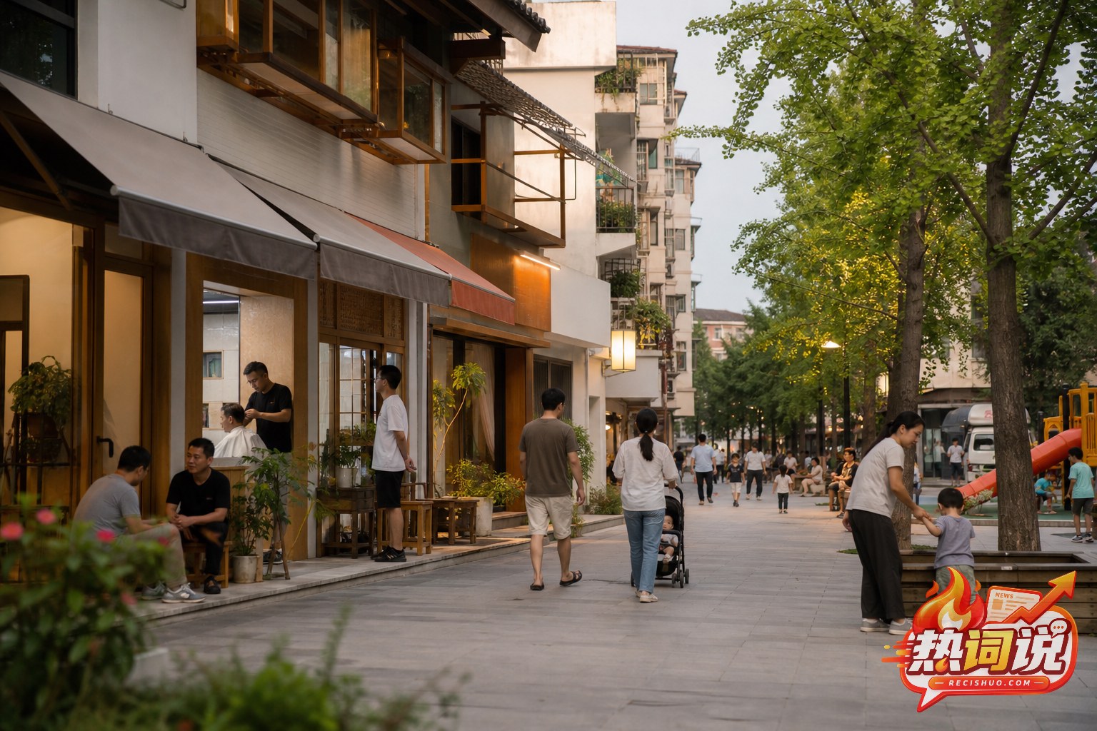 傍晚县城生活街区中居民使用餐饮、理发和儿童活动等社区服务