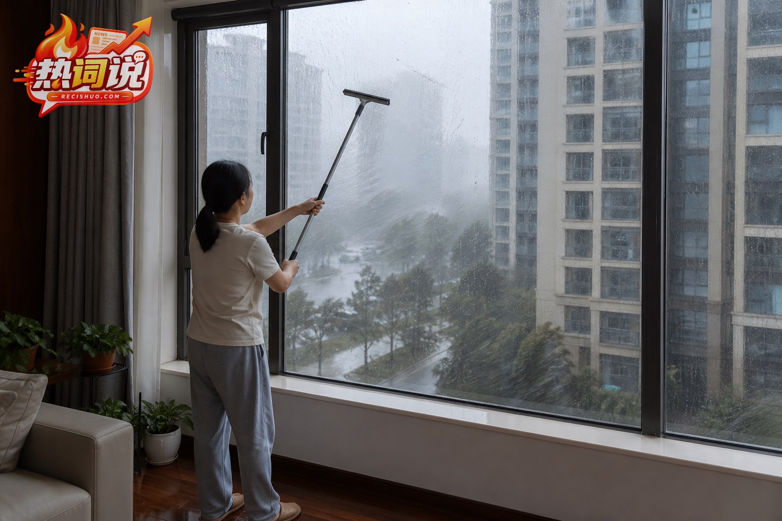台风风雨中居民站在室内用长柄工具清理紧闭窗户的新闻场景