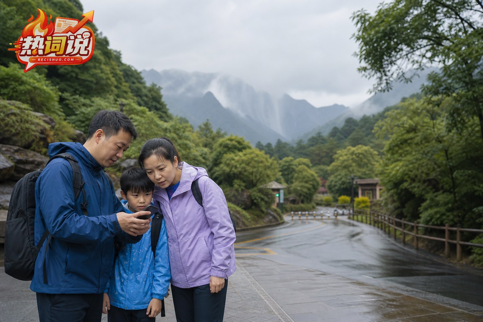 汛期山水景区内,一家三口在安全区域查看手机天气预警