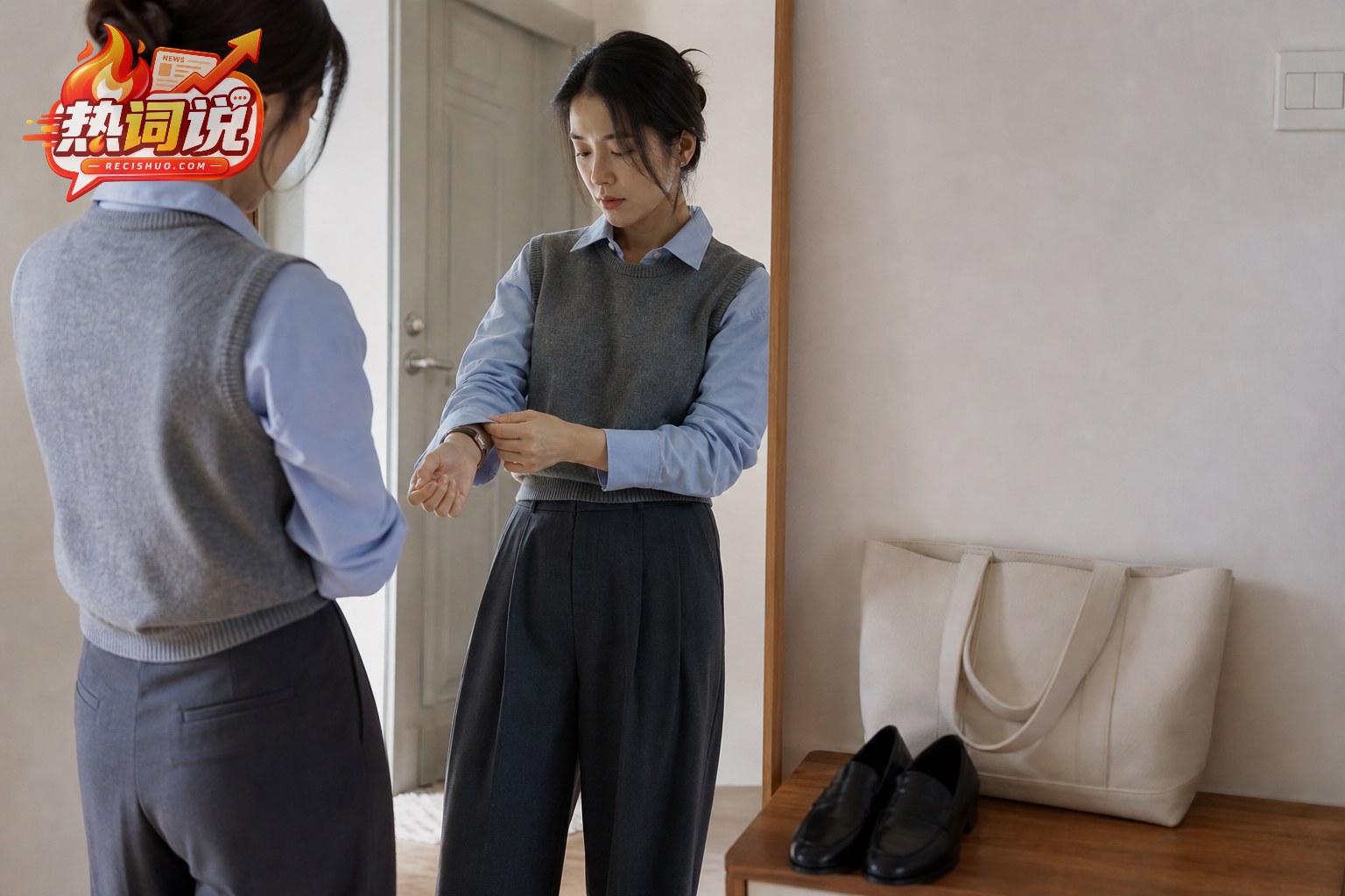 女性在玄关镜前整理浅蓝衬衫袖口,搭配针织背心、深灰阔腿裤和简洁鞋包
