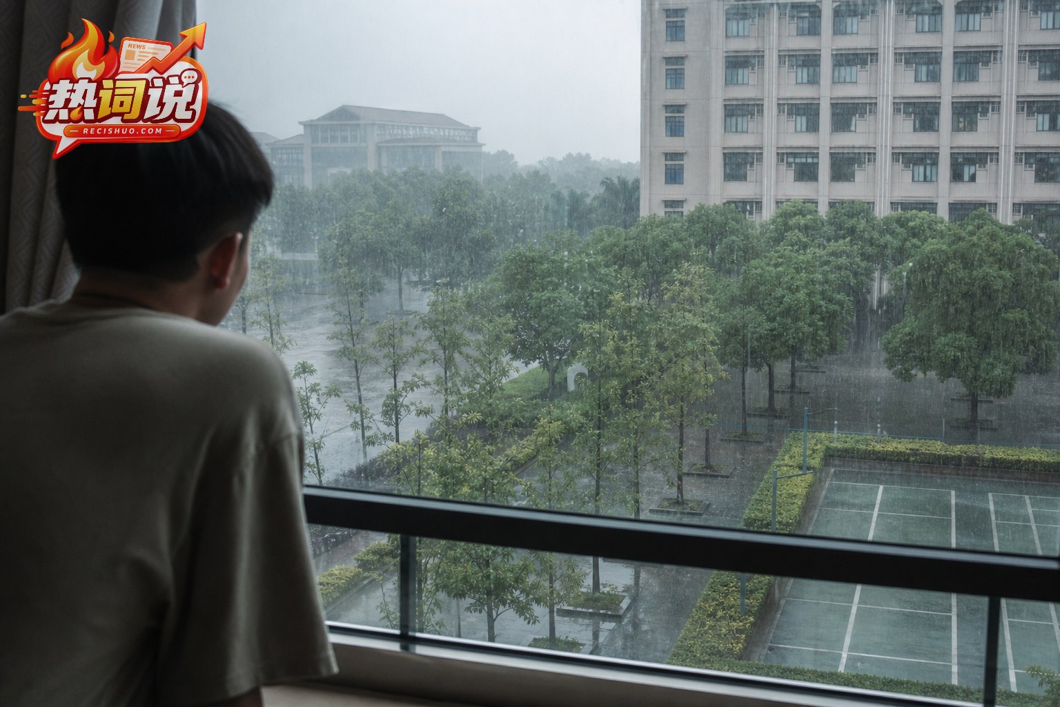 上海高校学生在宿舍窗前观察校园强降雨