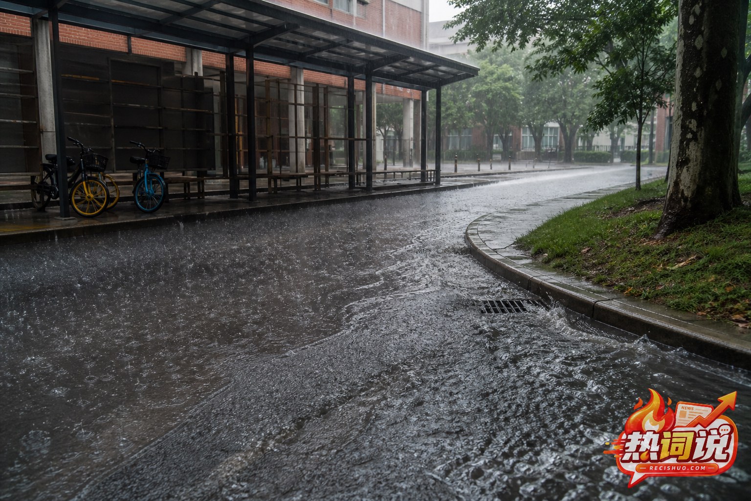 暴雨中的高校道路积水与排水场景