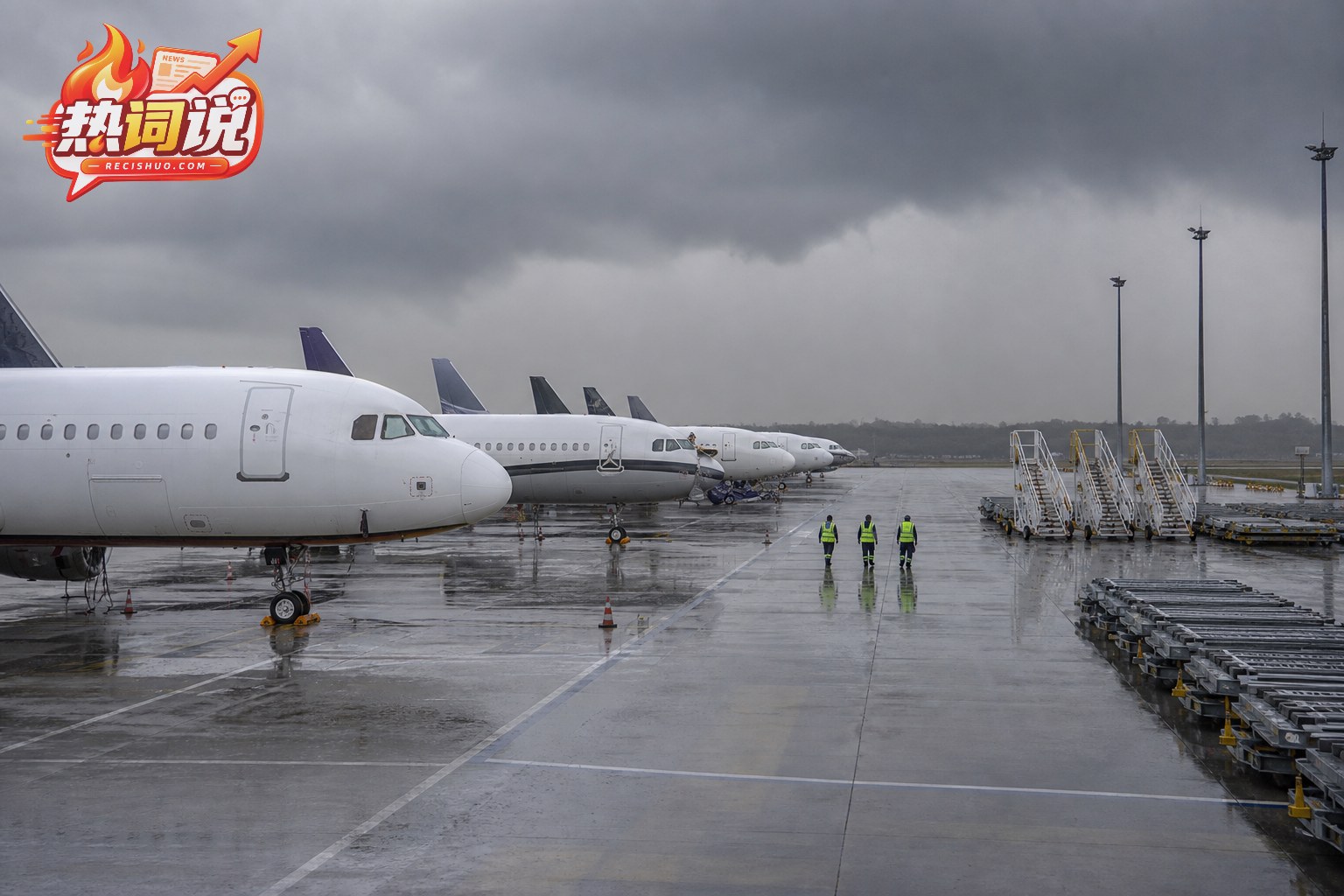 阴雨天气下多架客机有序停放,机场工作人员巡查停机坪和地面设备