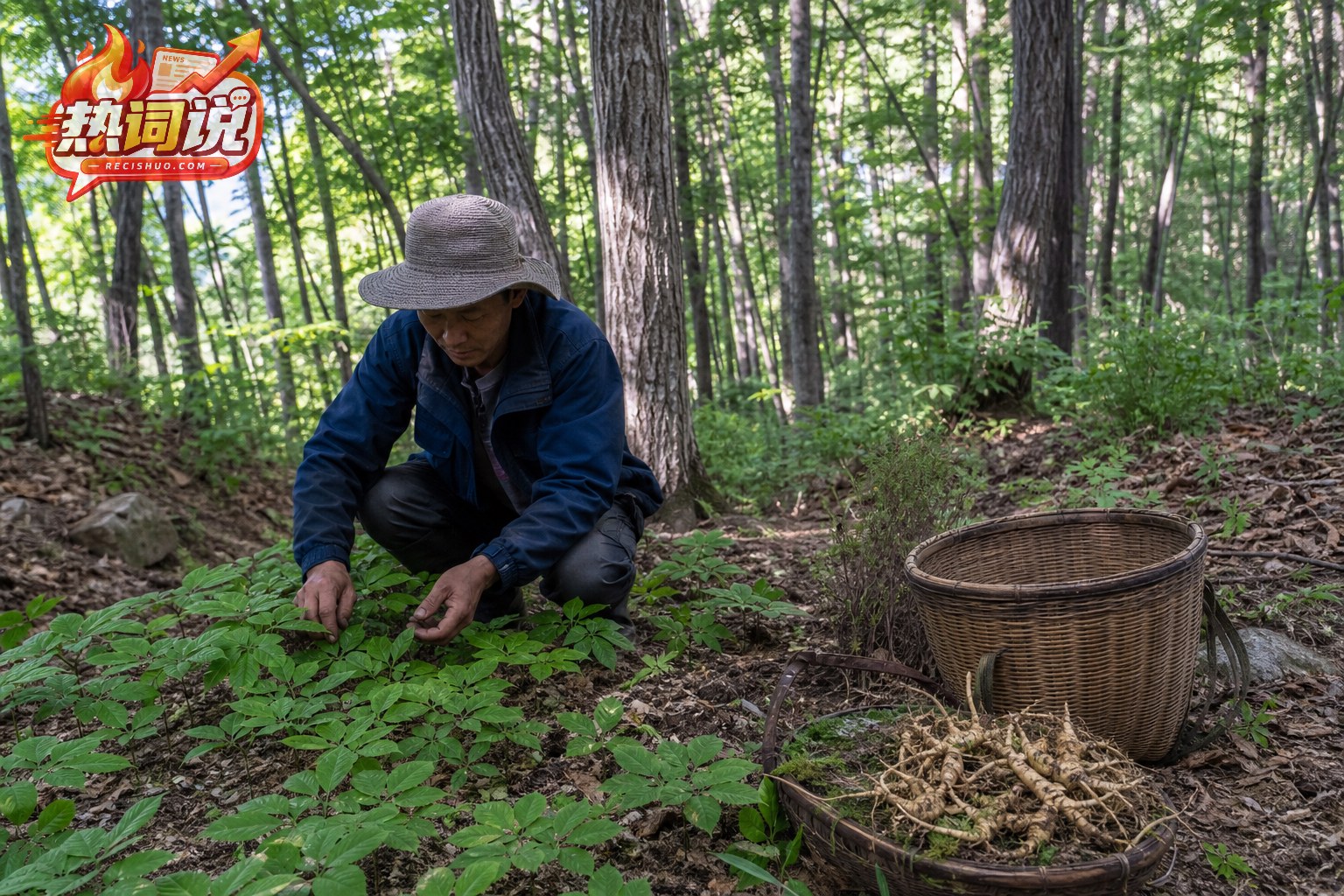 长白山腹地农户在林间查看林下作物的生产场景
