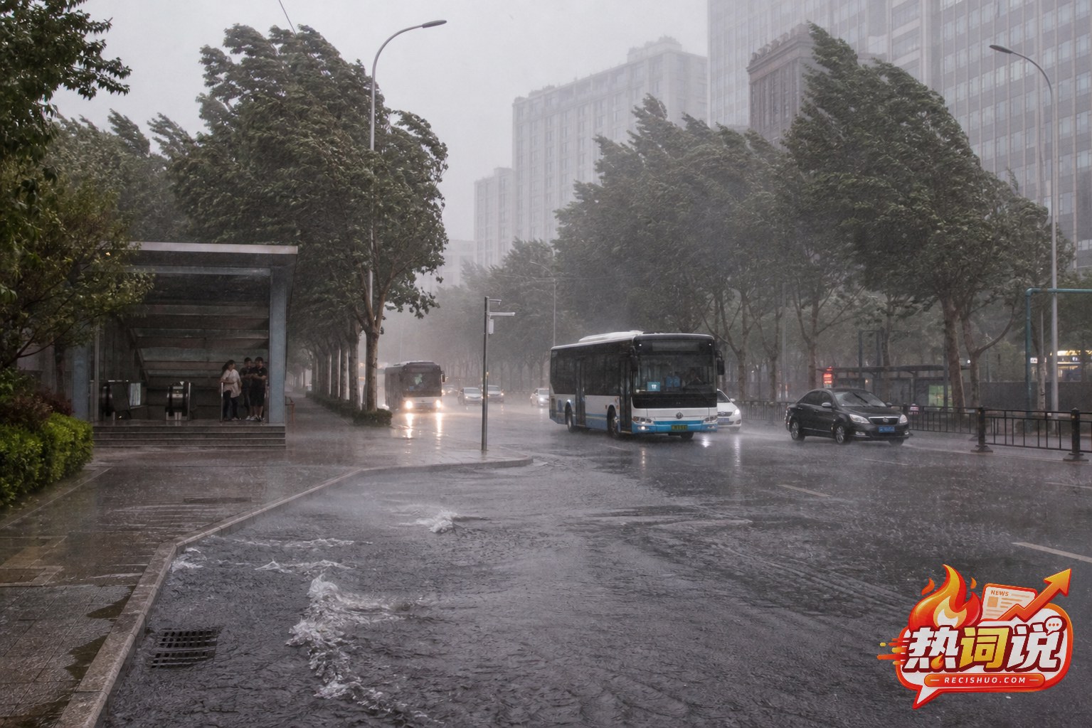 强风暴雨中的城市道路、公交车辆与避雨行人