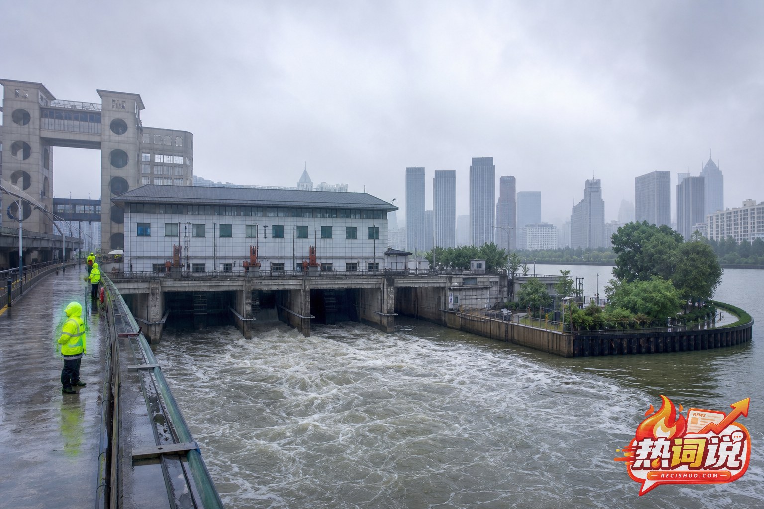 暴雨天气下苏州河口应急翻排设施运行,工作人员在安全通道巡查