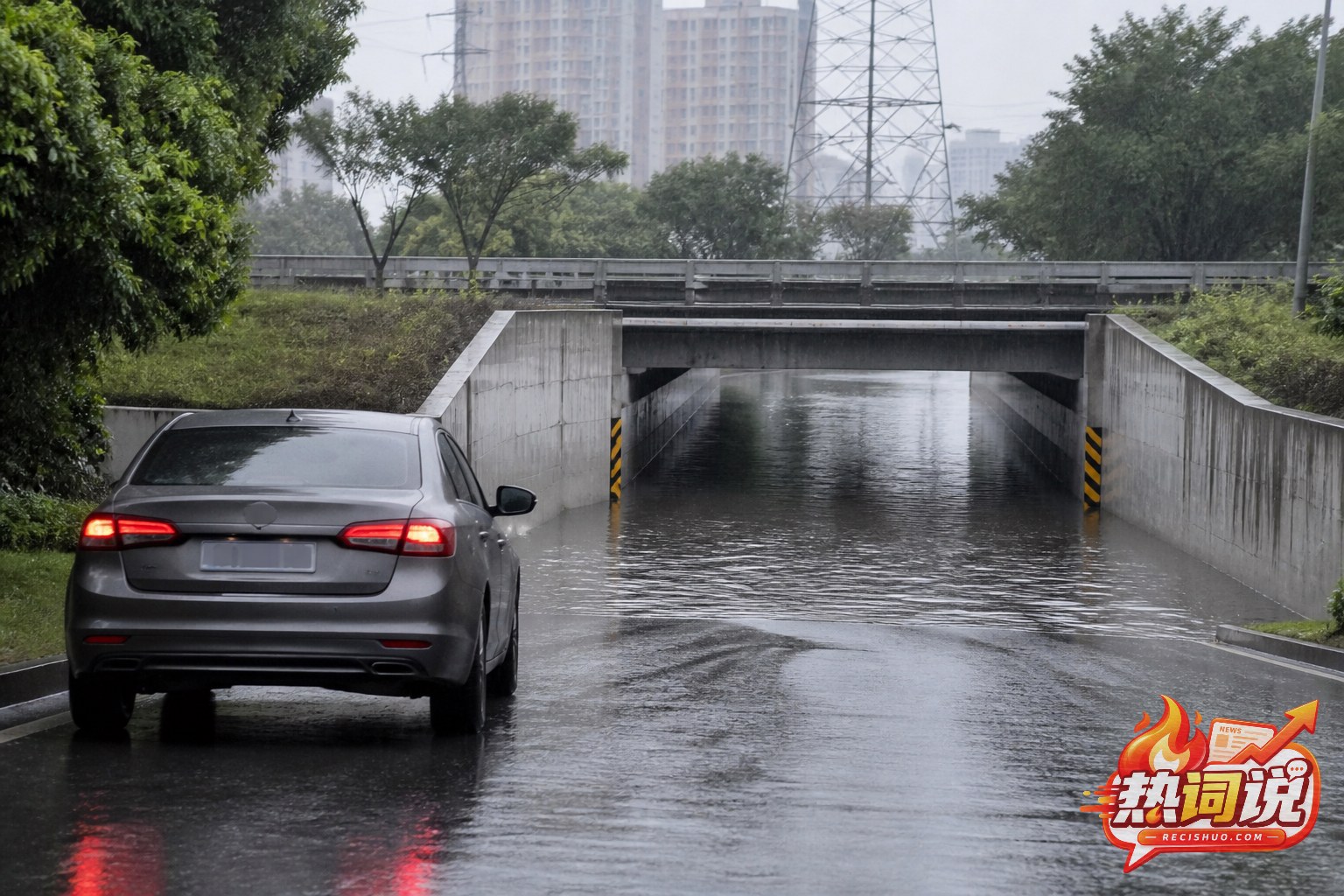 汽车在积水下穿通道前停车观察并放弃冒险涉水