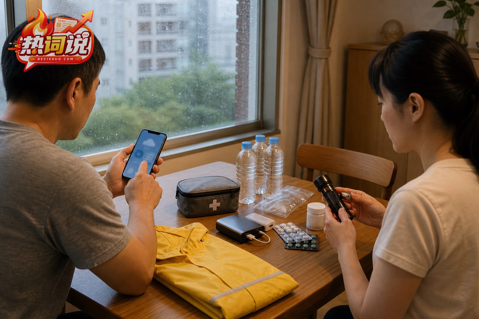 居民在室内核对天气信息并检查应急用品