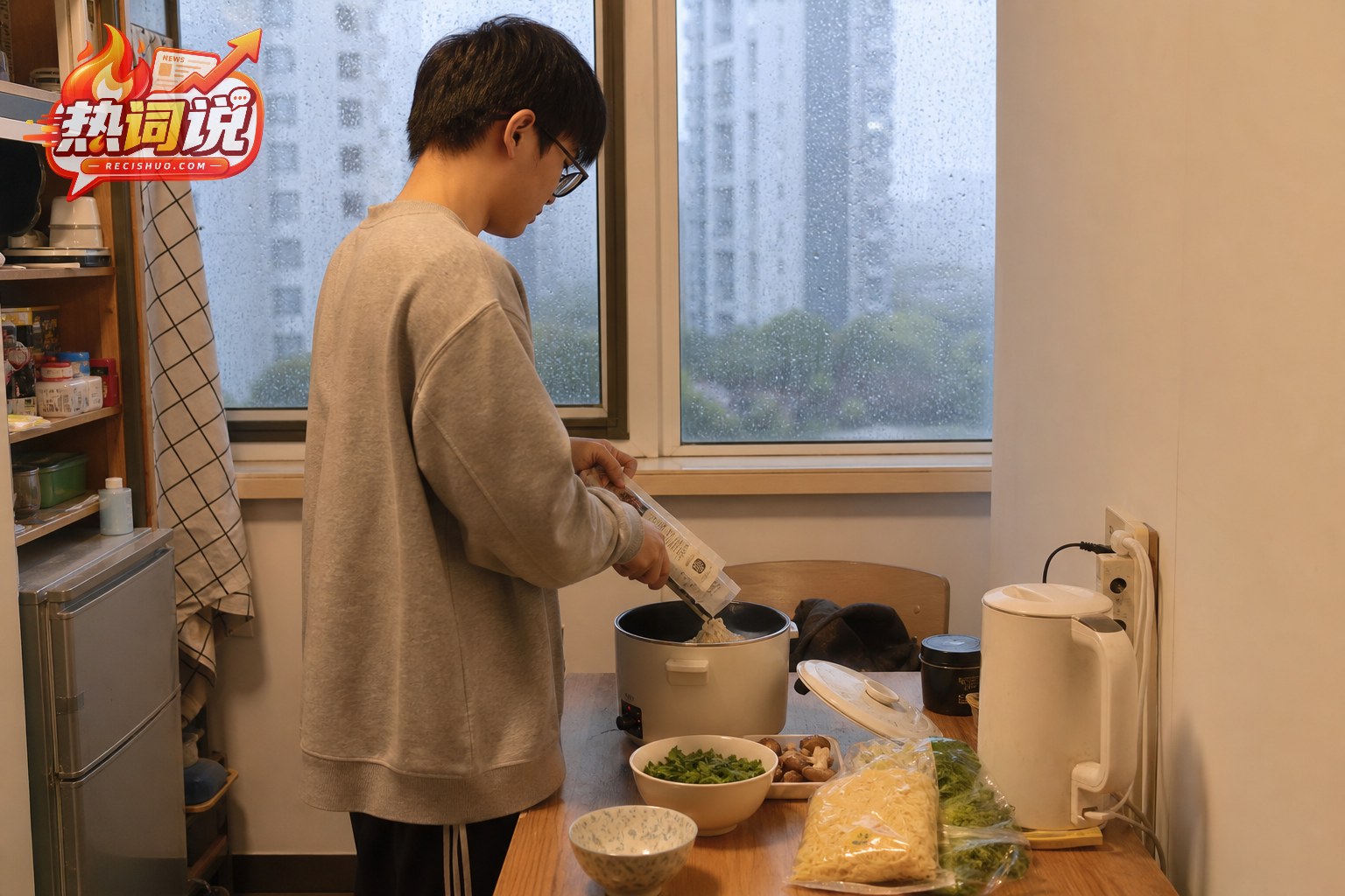 学生在雨天使用安全电器准备简餐