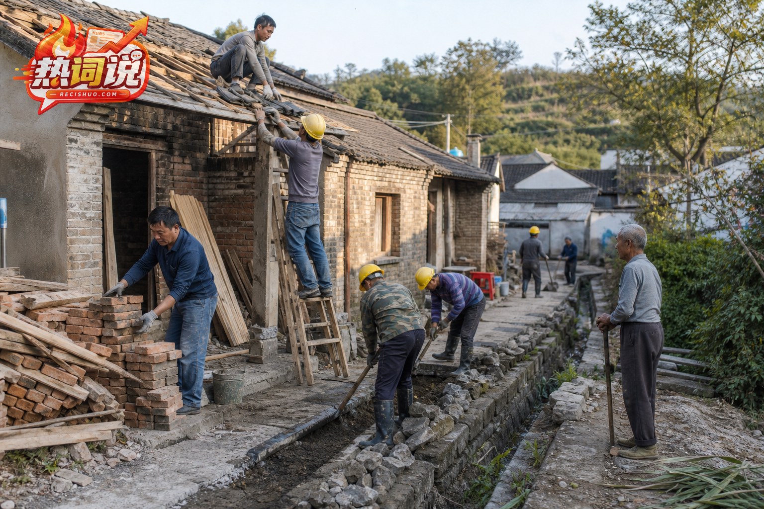 村民与施工人员共同修缮受损房屋和村庄排水设施