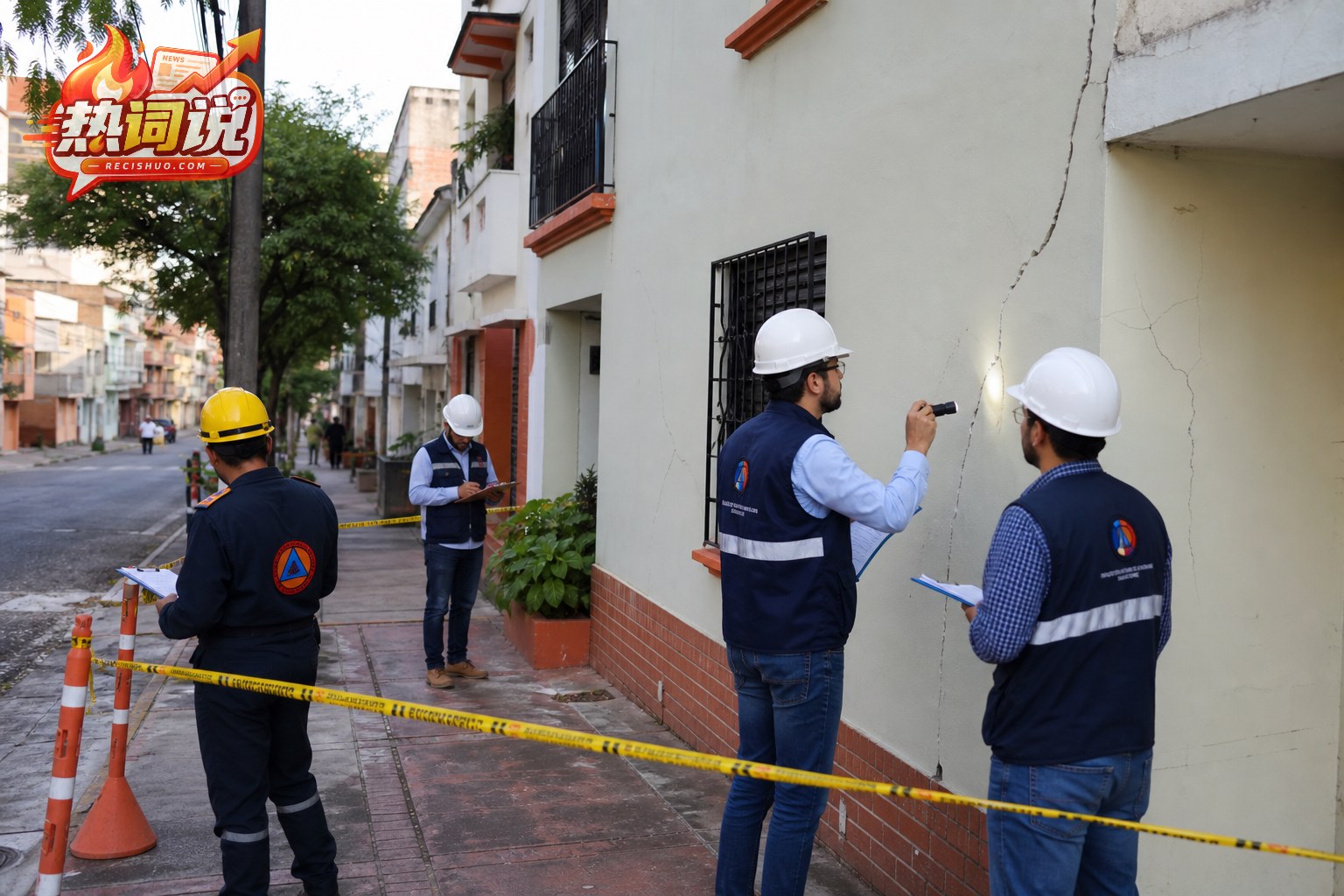 专业人员在警戒线内检查震后住宅墙体裂缝