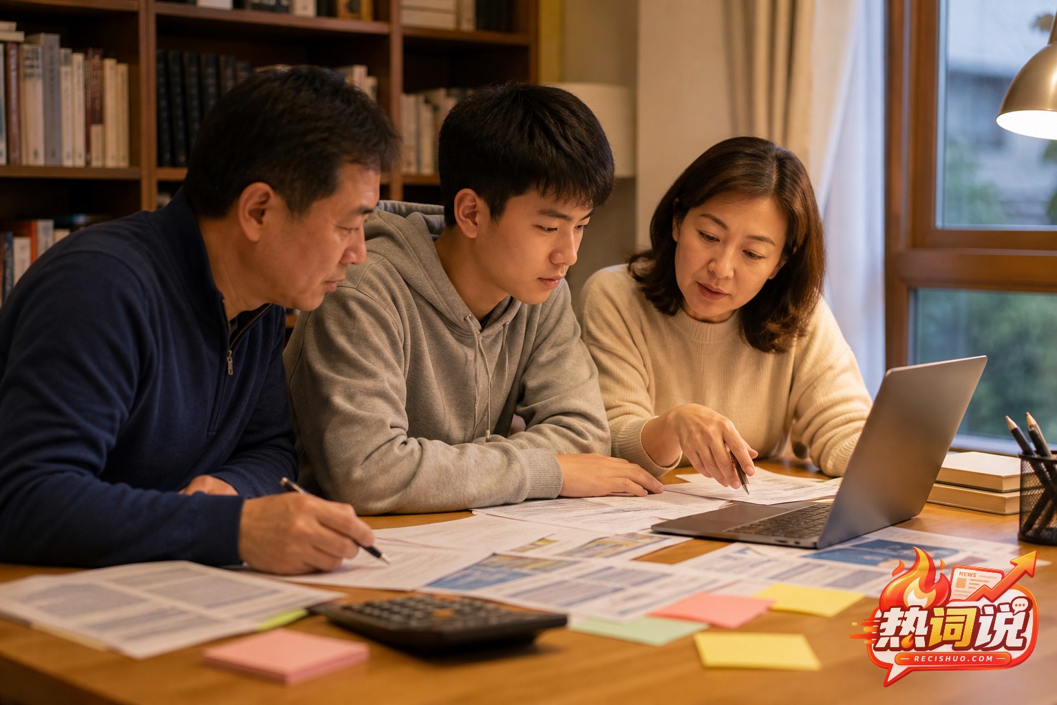 高考毕业生与父母在家庭书房共同比较大学招生资料