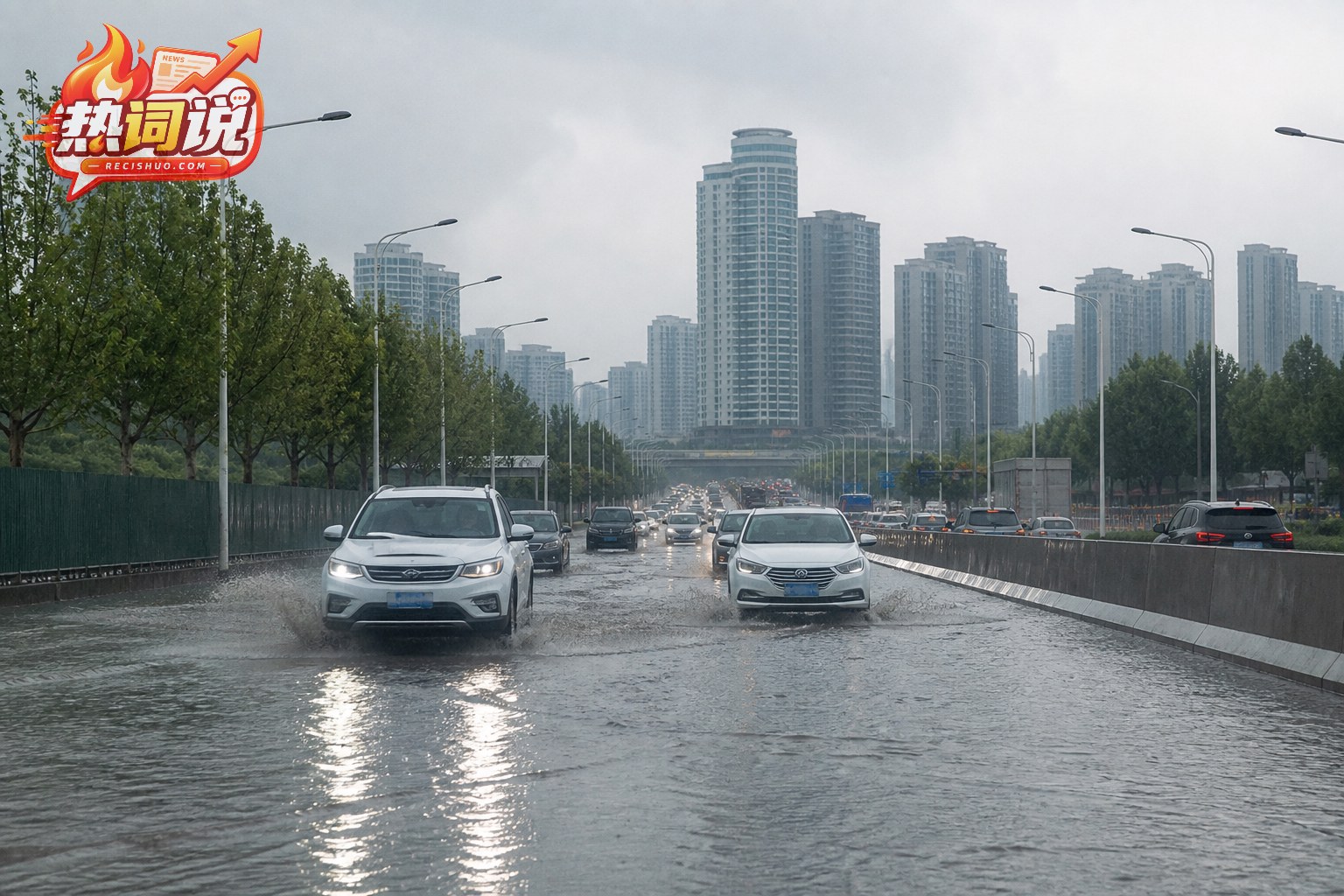 强降雨中车辆在河南城市积水道路上谨慎行驶