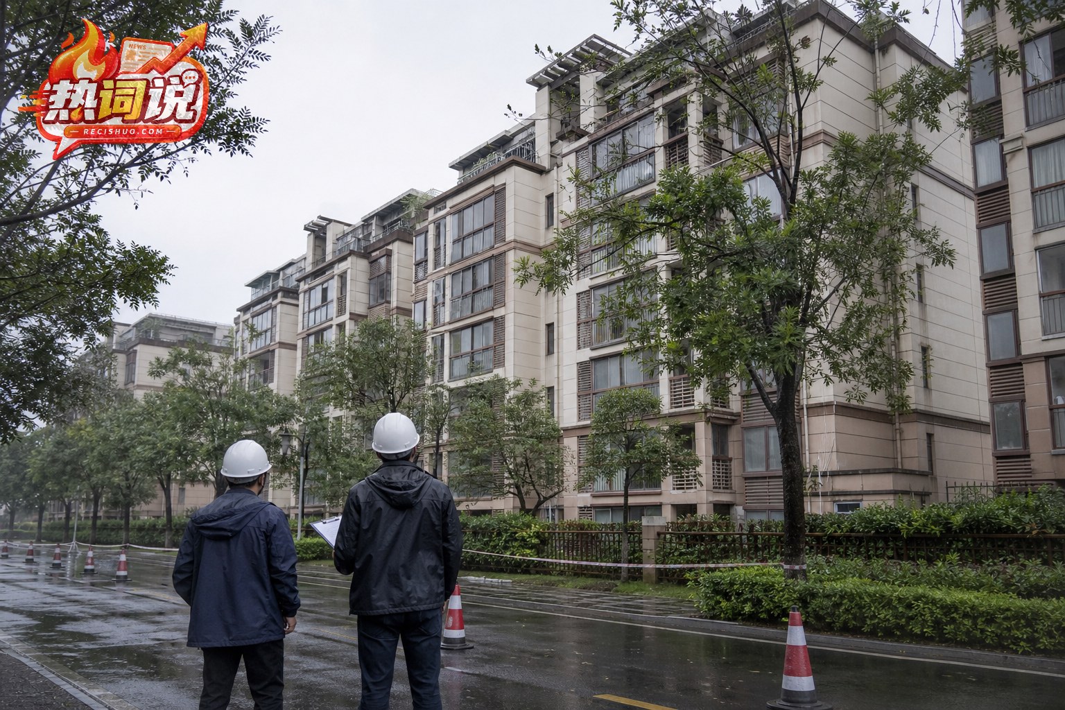 雨后安全检查人员在完整住宅建筑外查看周边隐患