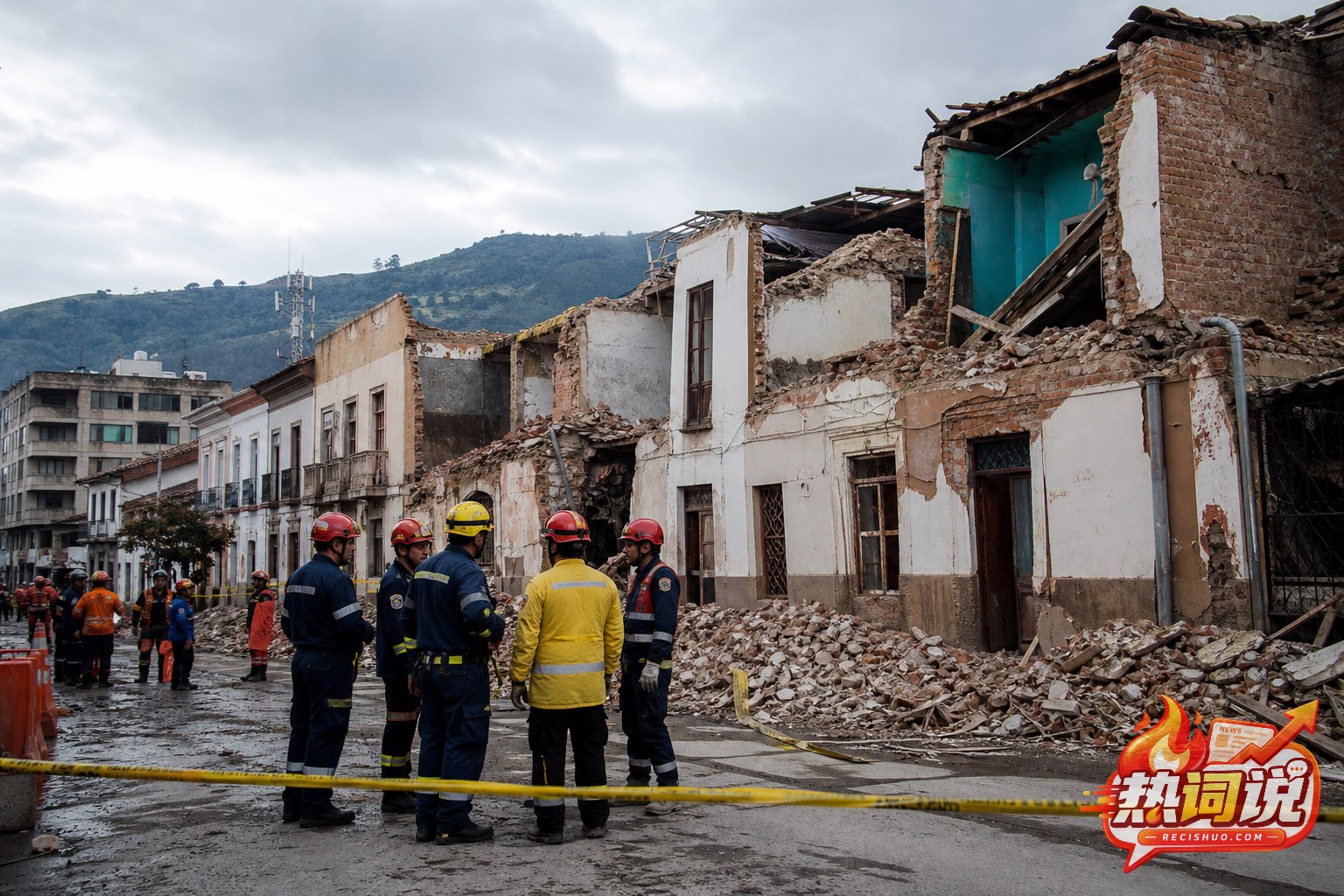 哥伦比亚地震受损街区外救援人员设置警戒区的新闻配图
