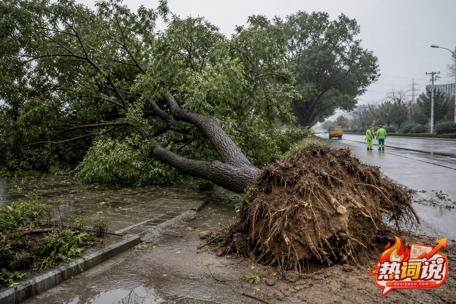 强风雨过后城市道路旁一棵大型樟树连根倒伏,根部泥土裸露且路面仍有积水