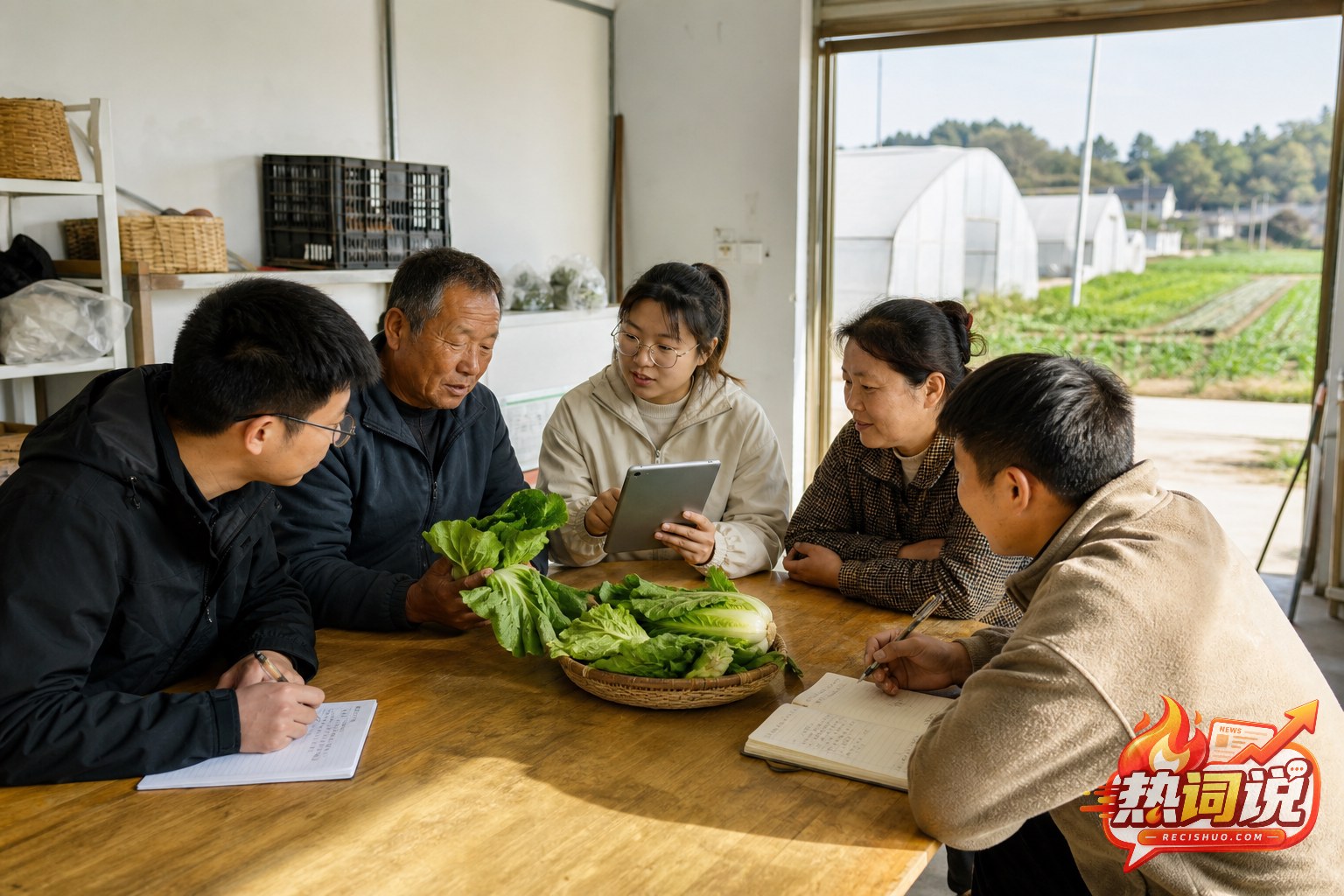 返乡青年与当地农户在乡村合作社交流农产品生产和经营记录
