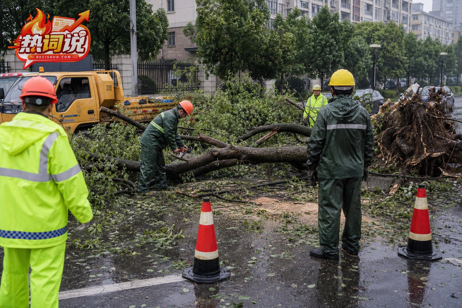 清障人员在雨后道路设置锥桶并分段处理倒伏樟树枝干