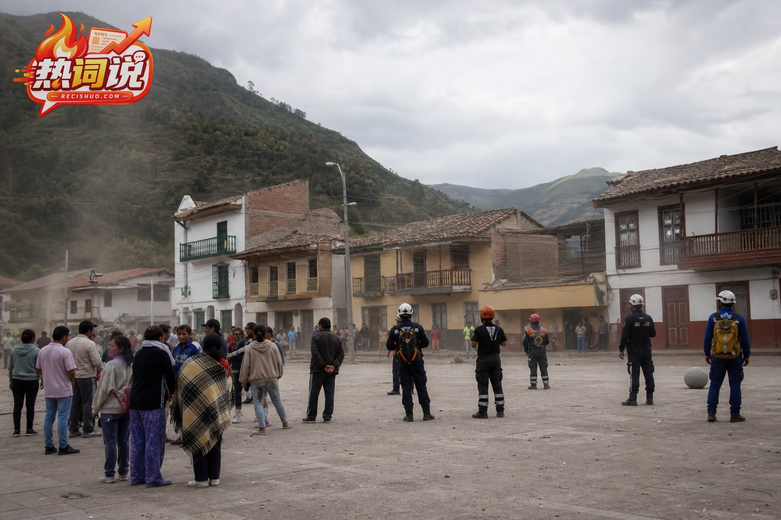 哥伦比亚西部山地城镇居民在开阔广场避险、应急人员查看周边建筑的场景