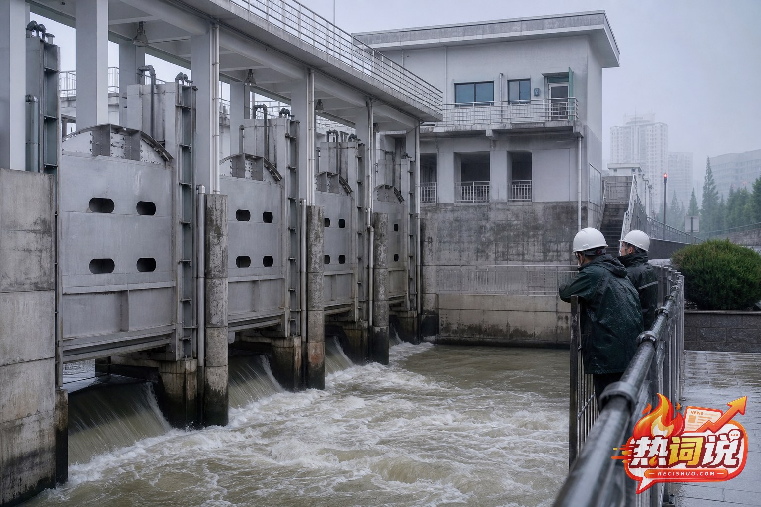防汛工作人员在雨中检查泵站闸门及排水设施运行状况