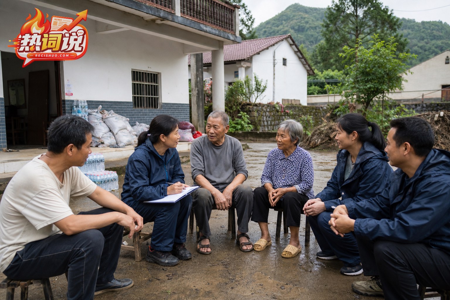 灾后村庄里基层工作人员与居民围坐交流生活需求