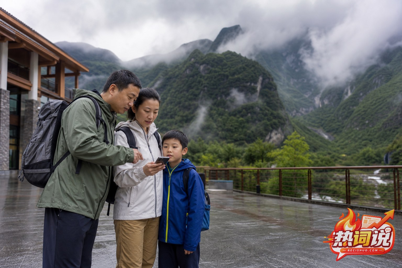 一家三口在雨后山地景区出发前查看手机天气预警