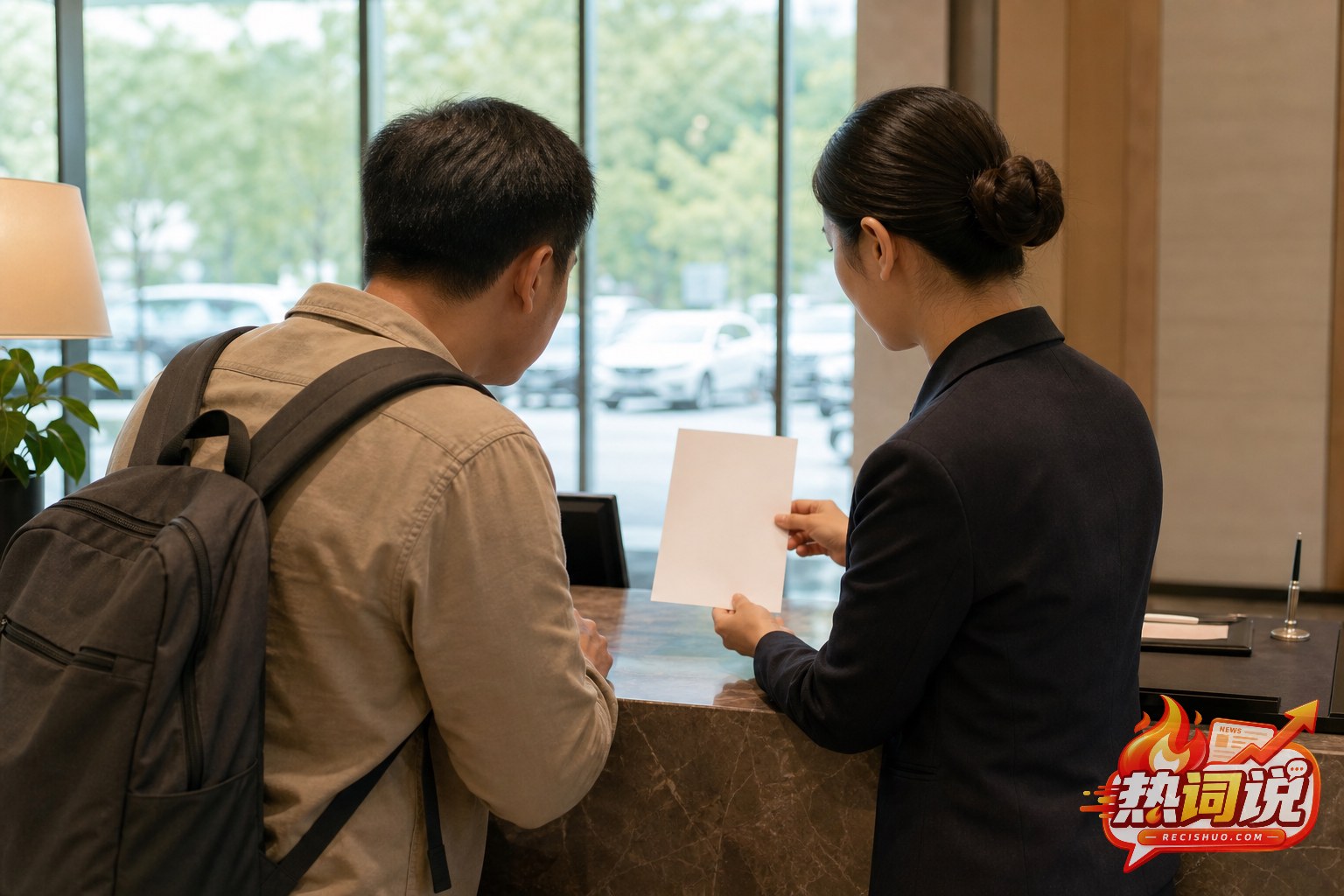 旅客在住宿场所前台与工作人员核对空白收费凭证