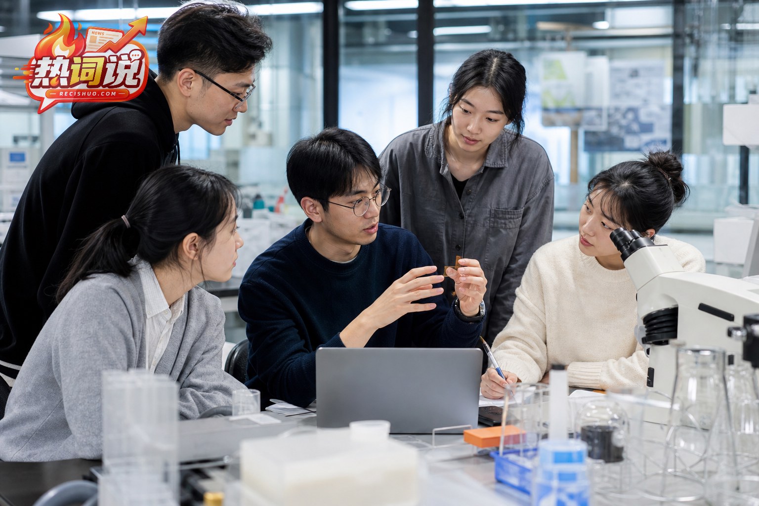 大学生在现代实验室围绕科研样品开展小组研讨