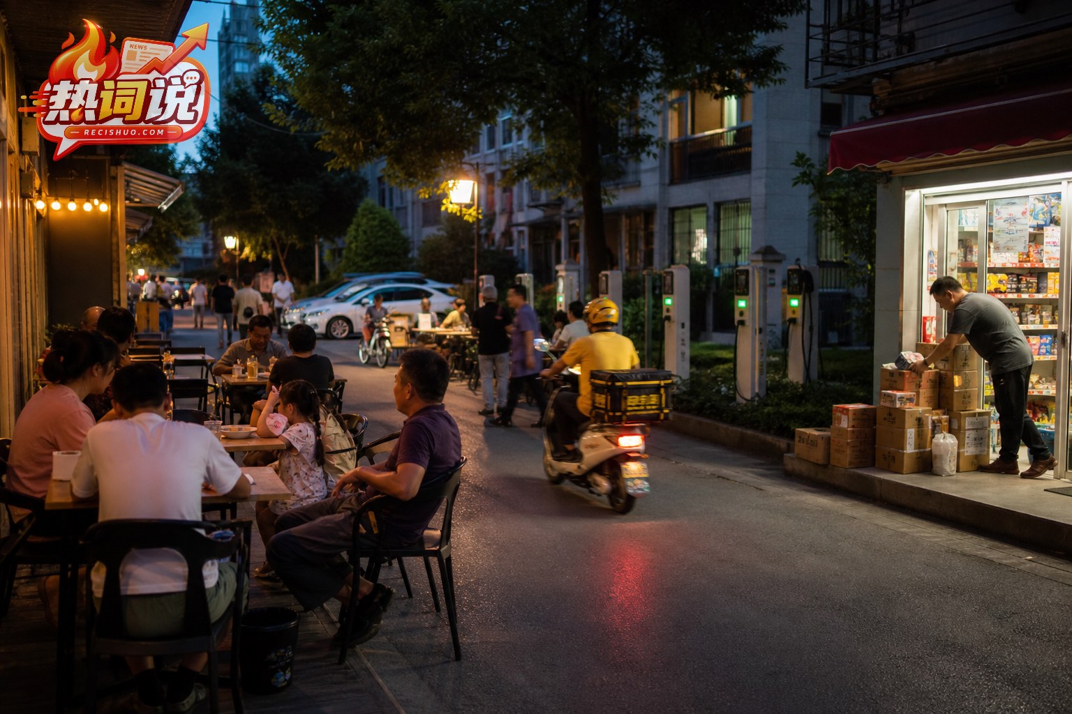 夏日晚间社区商业街餐饮、快递与便民消费共同活跃的生活场景
