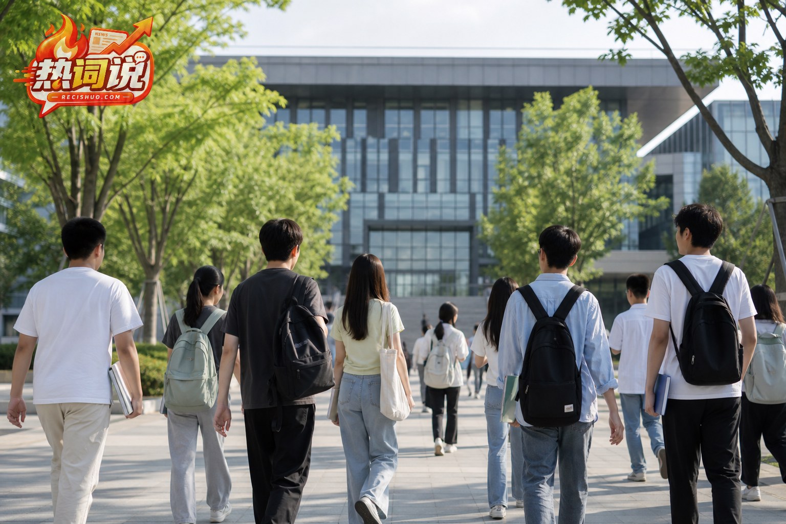 夏日清晨,多名大学生走向现代化研究型大学教学楼