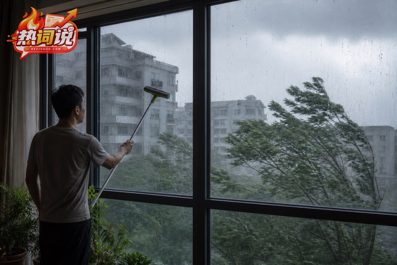 台风暴雨中一名男子站在室内用长柄擦窗器清洁关闭的落地窗