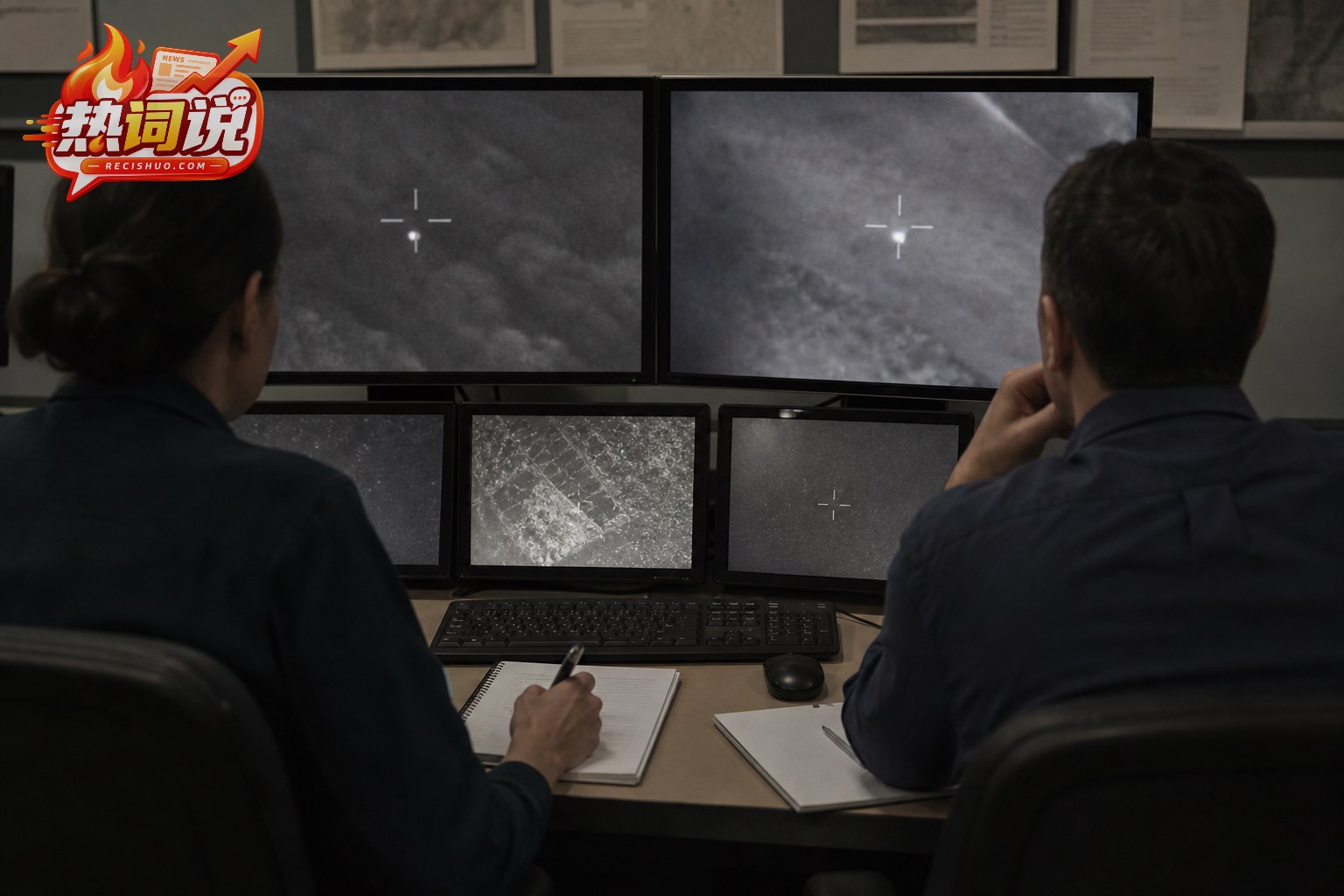 分析人员在多台显示器前核查模糊的红外空中目标画面